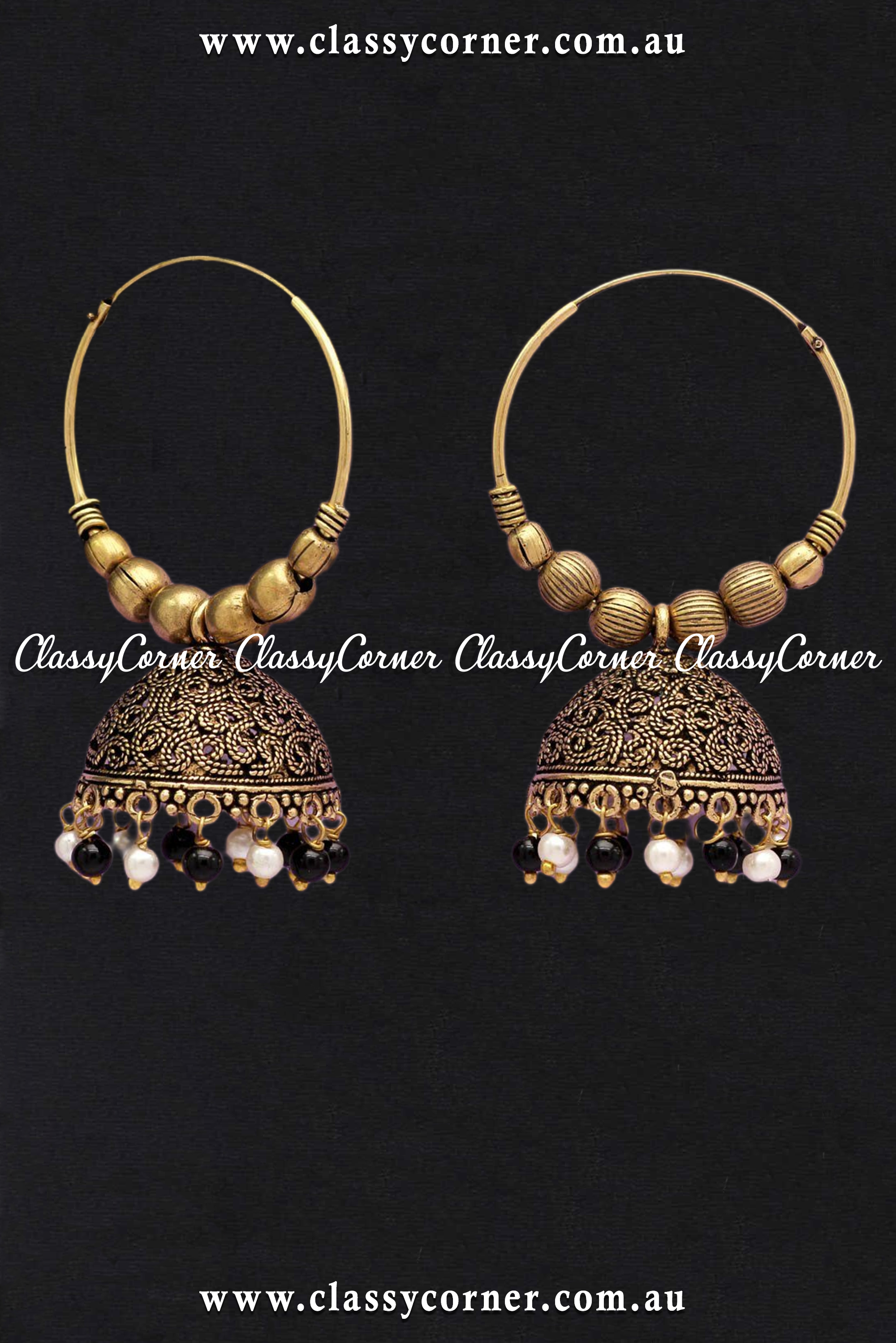 Golden Black White Beads Jhumka Earrings - Classy Corner