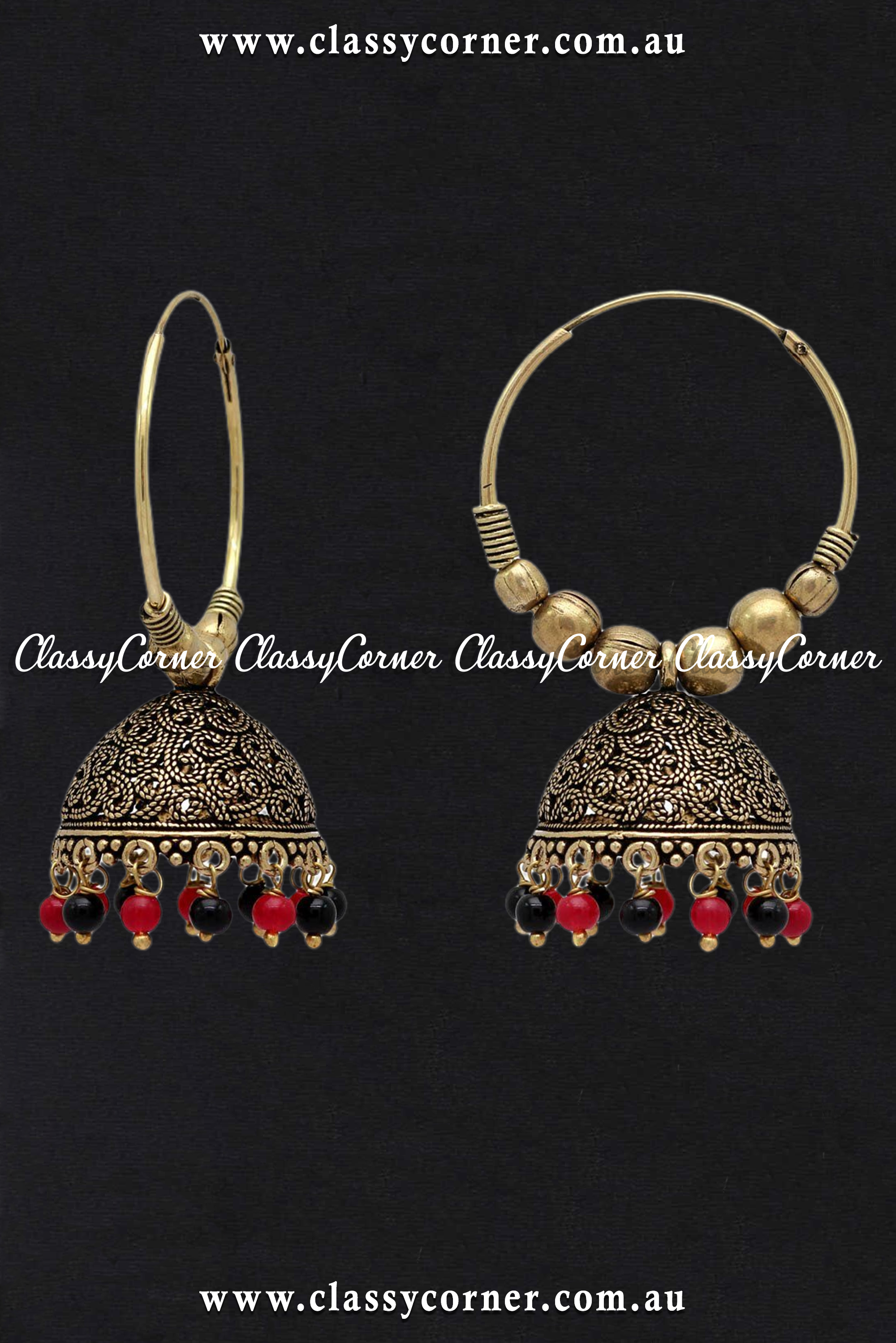 Golden Maroon Black Beads Jhumka Earrings - Classy Corner