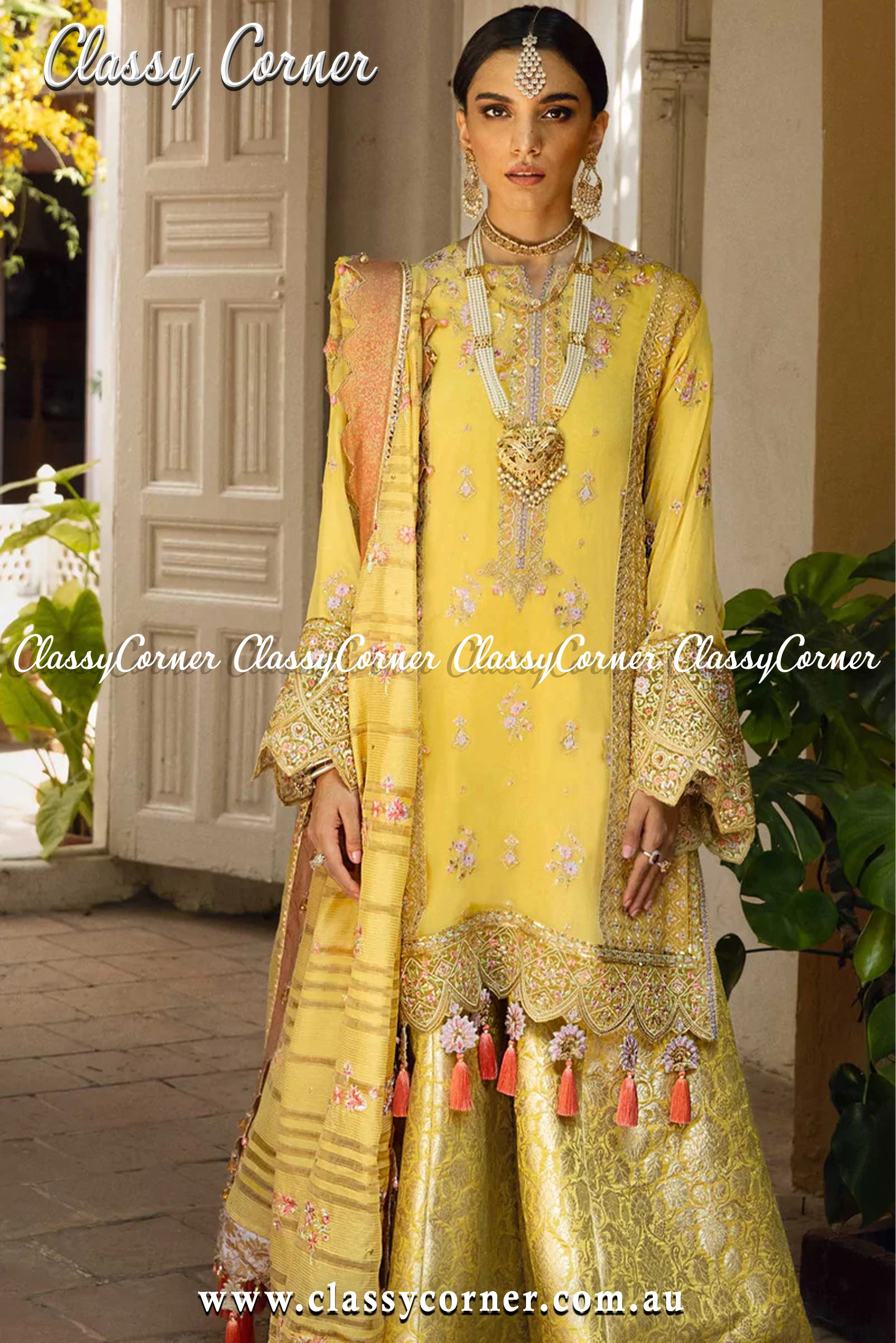 Golden Yellow Chiffon Sharara Outfit - Classy Corner