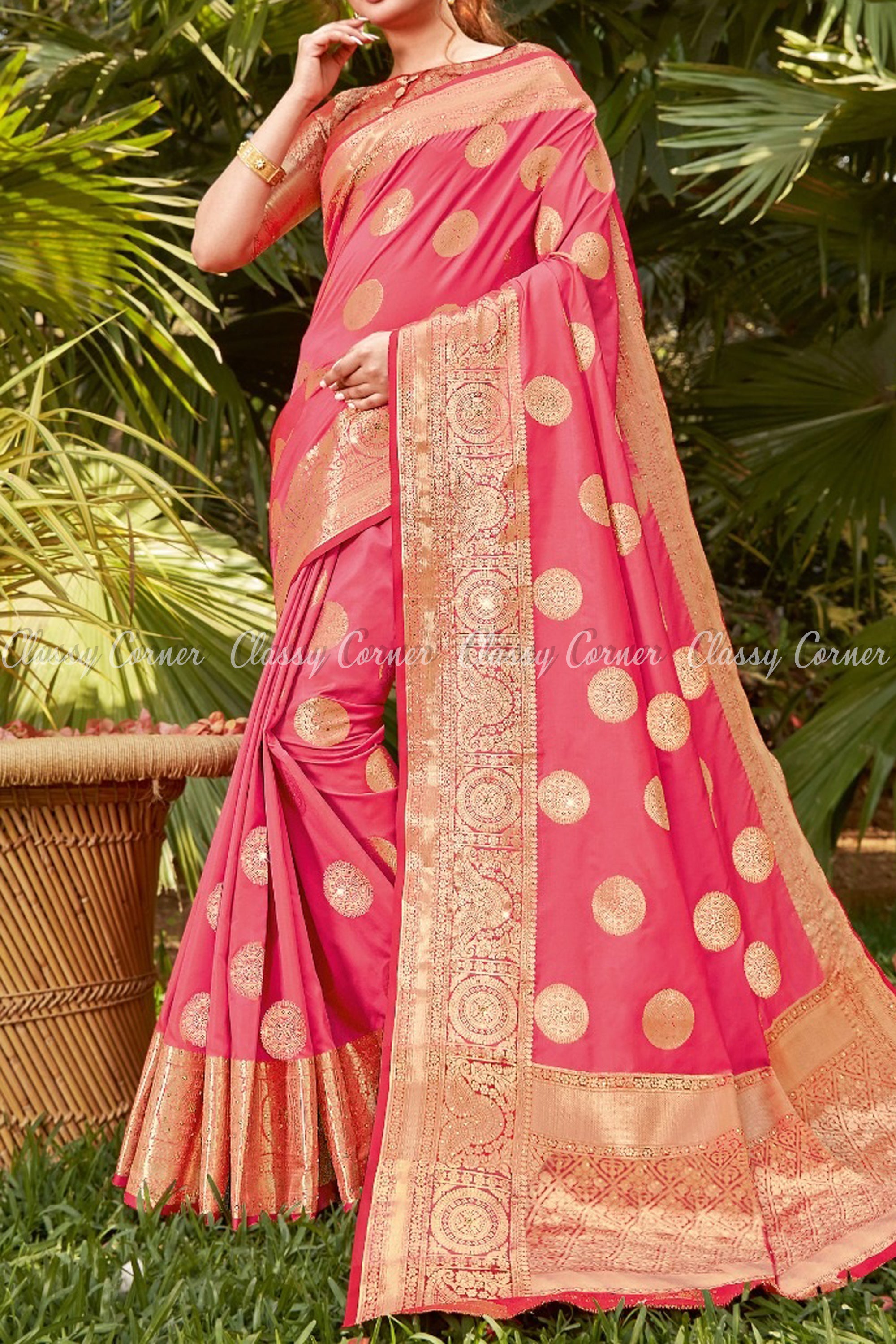 Gorgeous Pink Achal and Body Silk Saree - Classy Corner