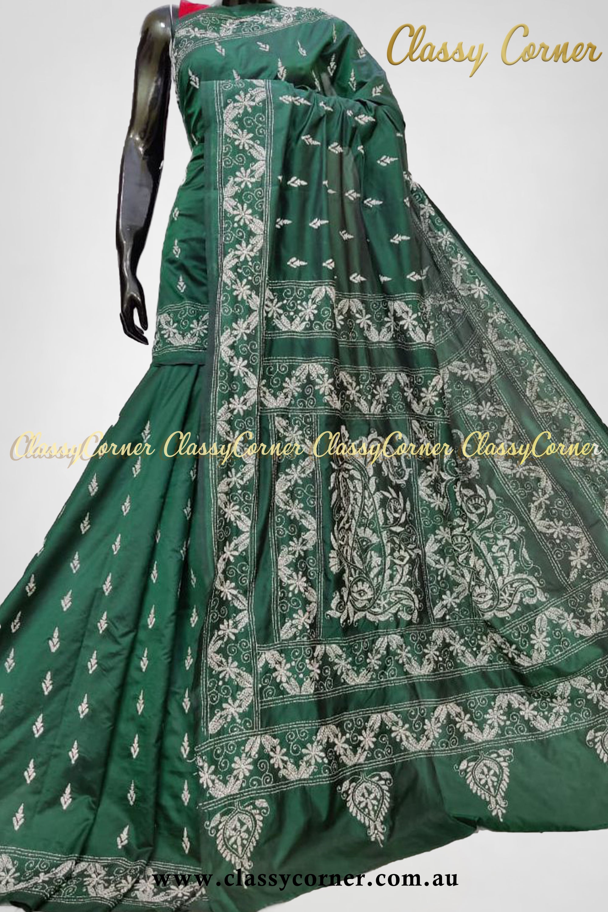 Green White Pure Silk Kantha Stitch Saree - Classy Corner