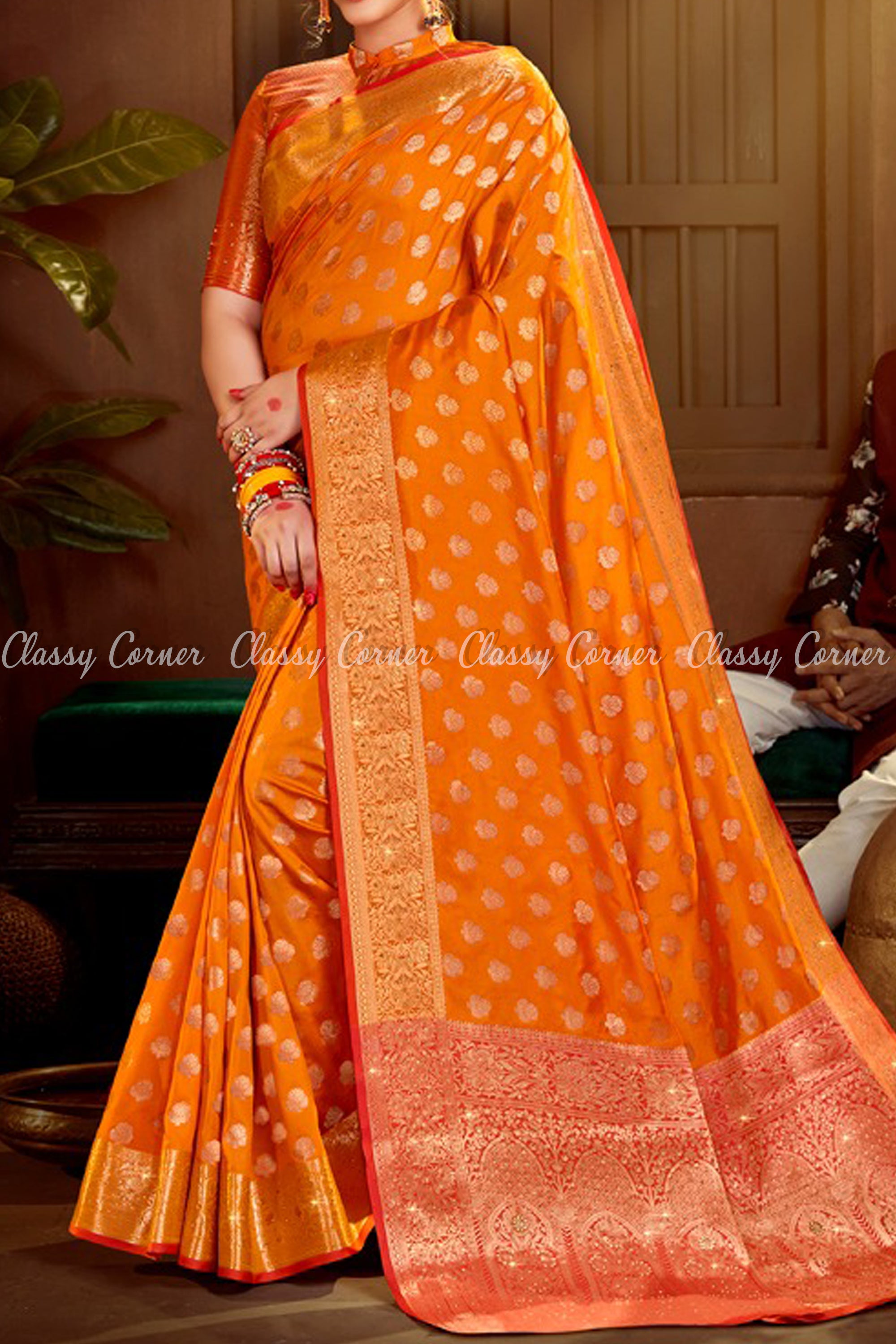 Hena Orange Silk Banarasi Saree with Golden Zari Work - Classy Corner