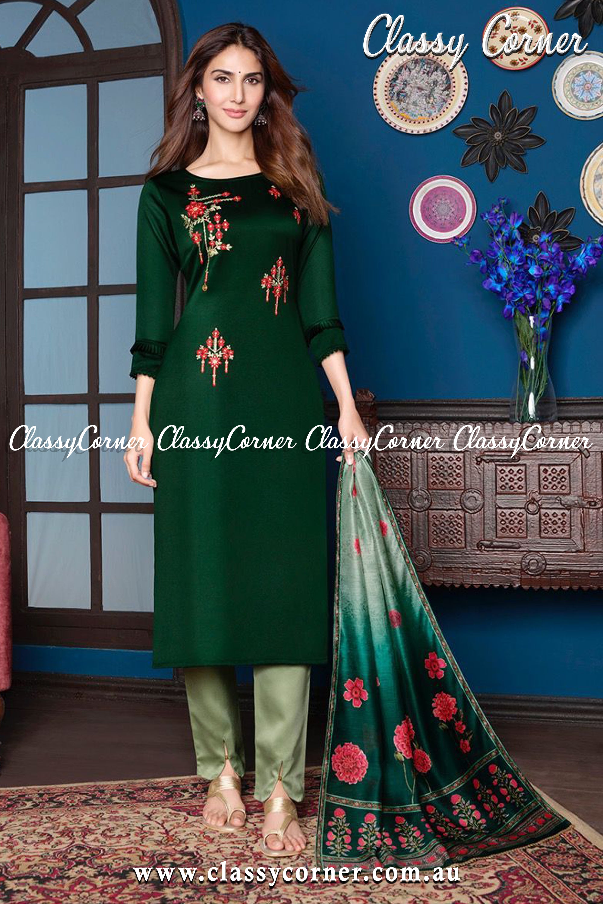 Dark Pastel Green Silk Indian Suit - Classy Corner