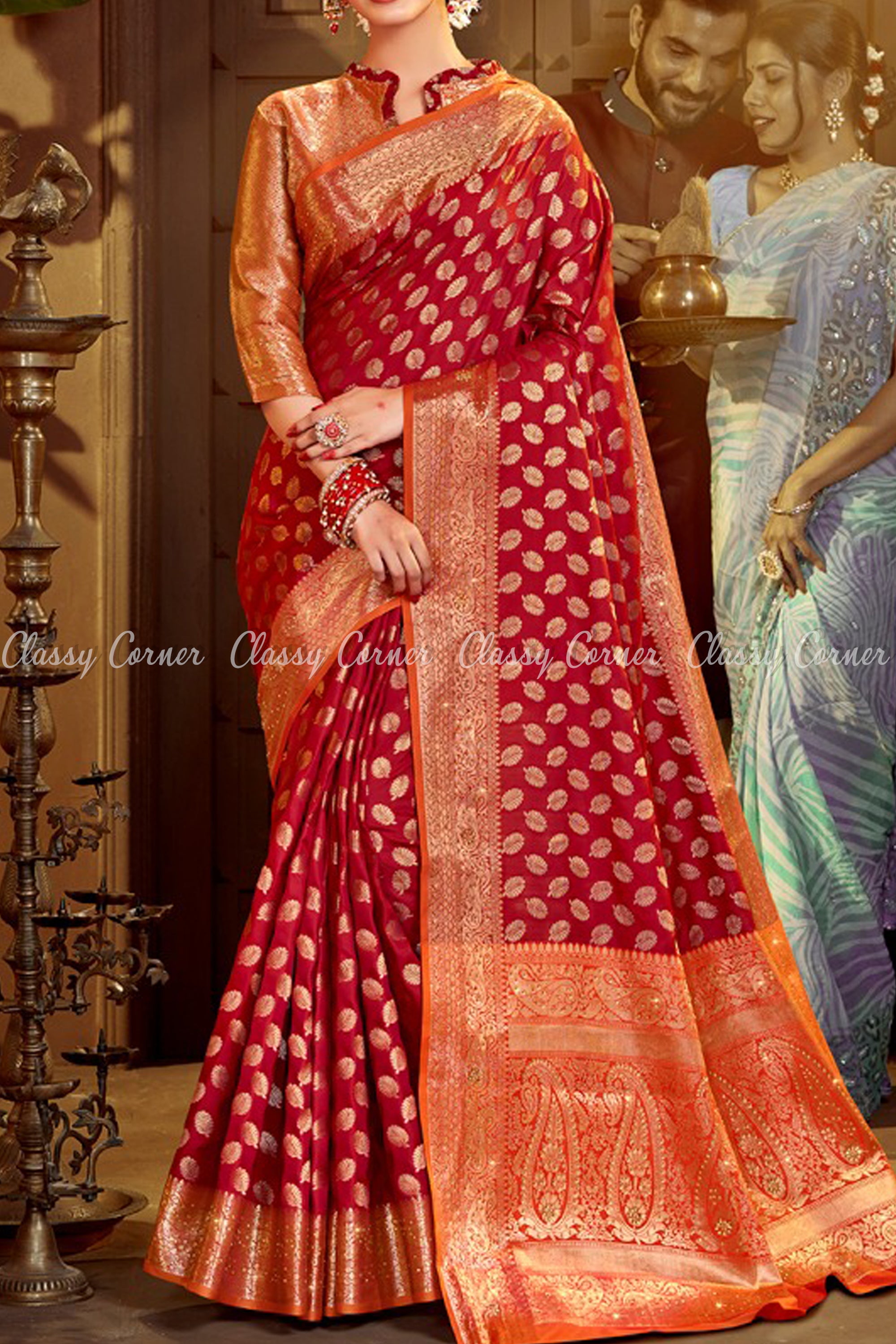 Maroon Red Banarasi Silk Saree with Golden Orange Border - Classy Corner
