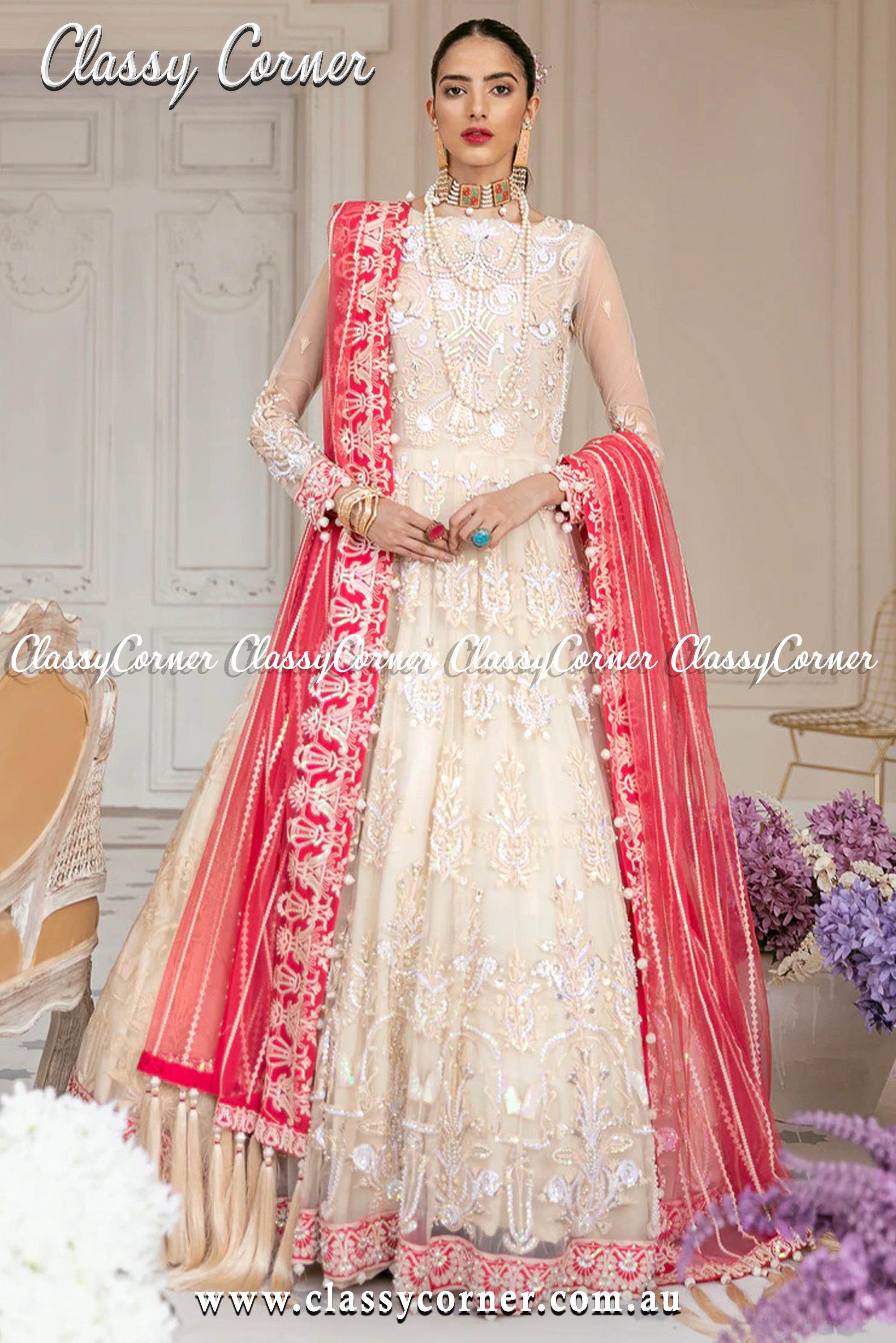 Cream Red Pakistani Formal Gown - Classy Corner