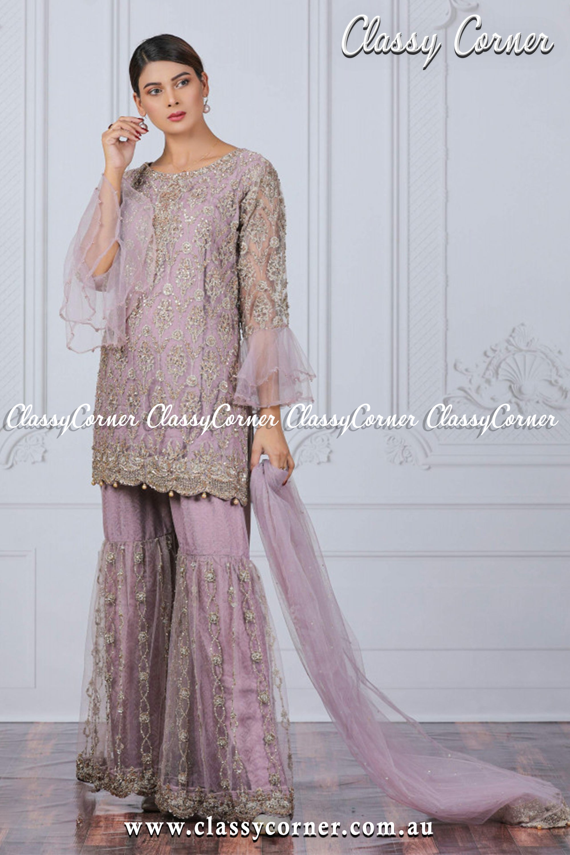 Mauve Silver Net Gharara Outfit - Classy Corner