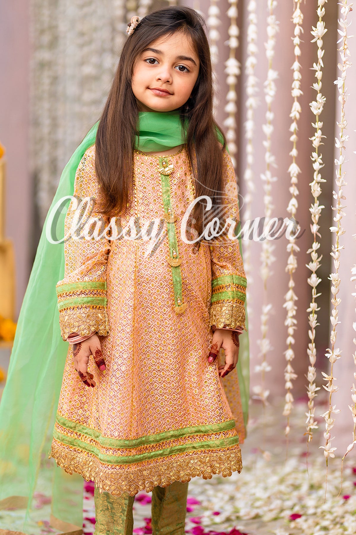 Peach Green Pakistani Girls Suit - Classy Corner