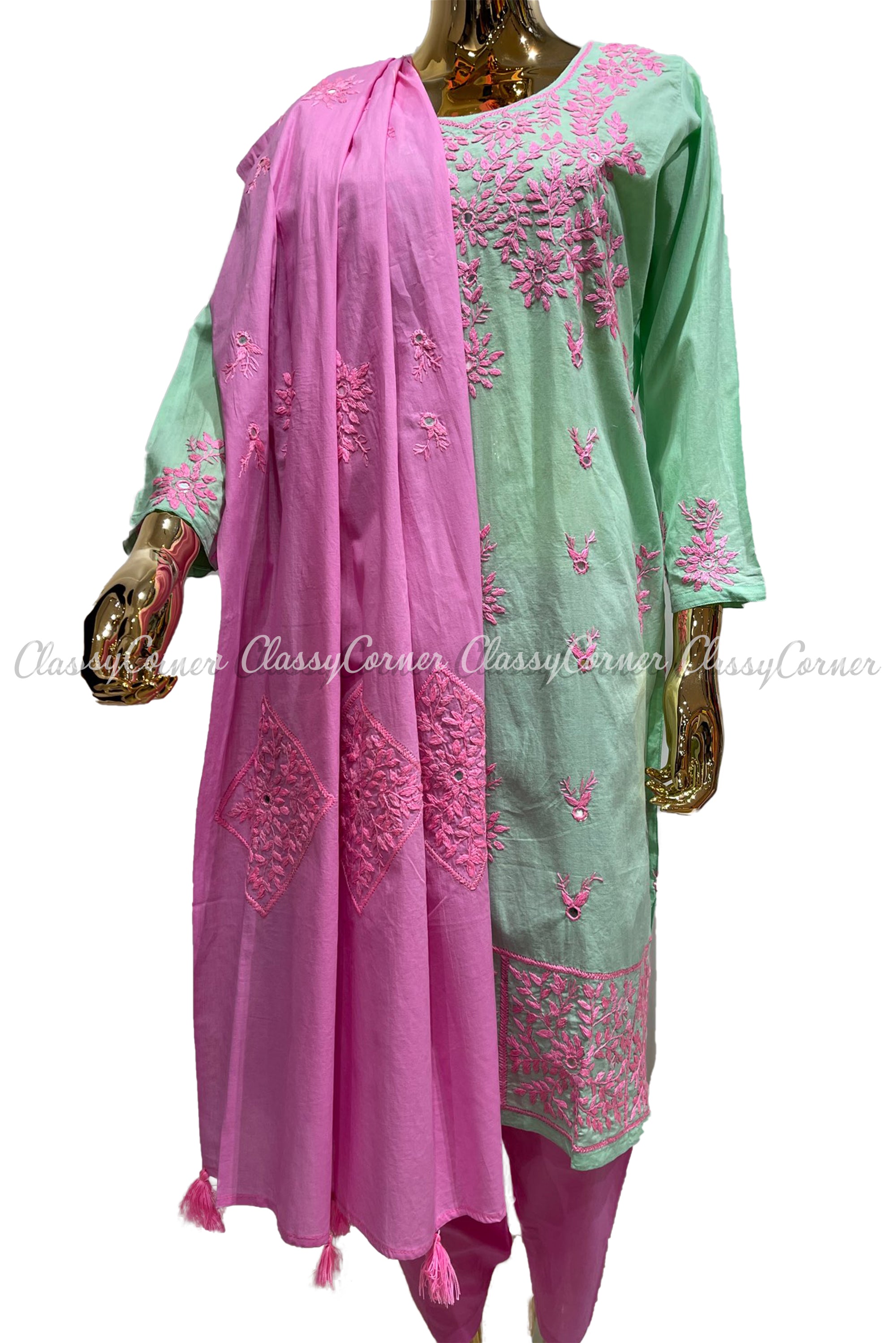 Mint Green Pink Hand Embroidered Cotton Salwar Kameez Set - Classy Corner