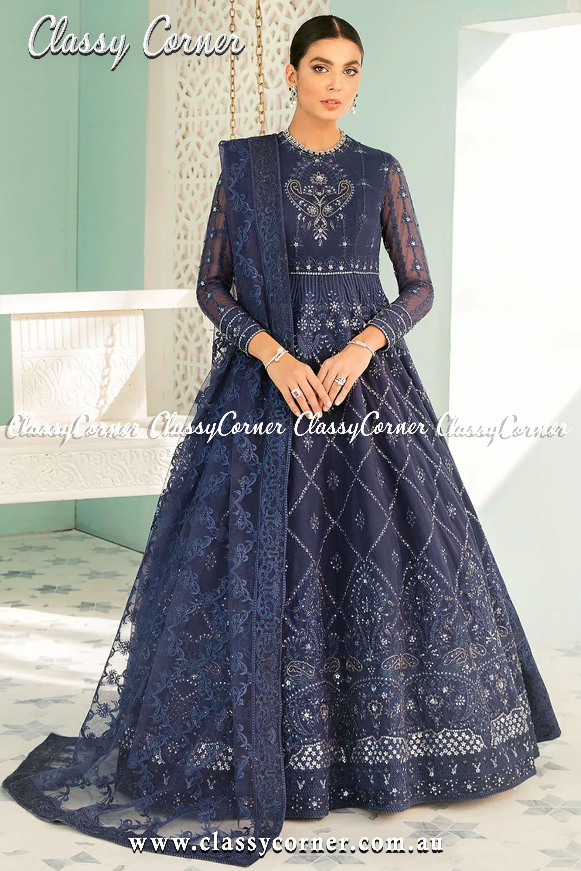 Navy Blue Pakistani Wedding Gown - Classy Corner