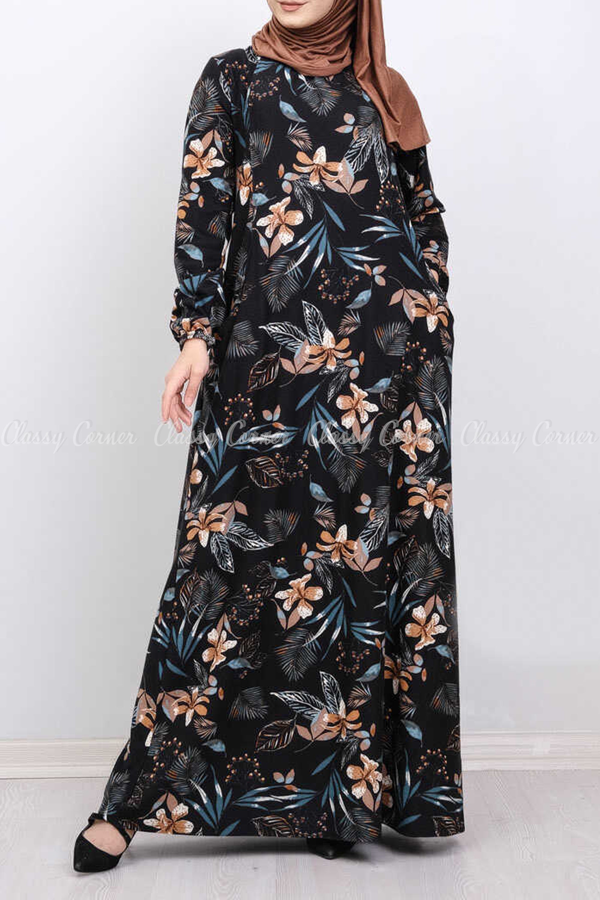 Beige Floral Hawaiian Print Black Modest Long Dress - Classy Corner