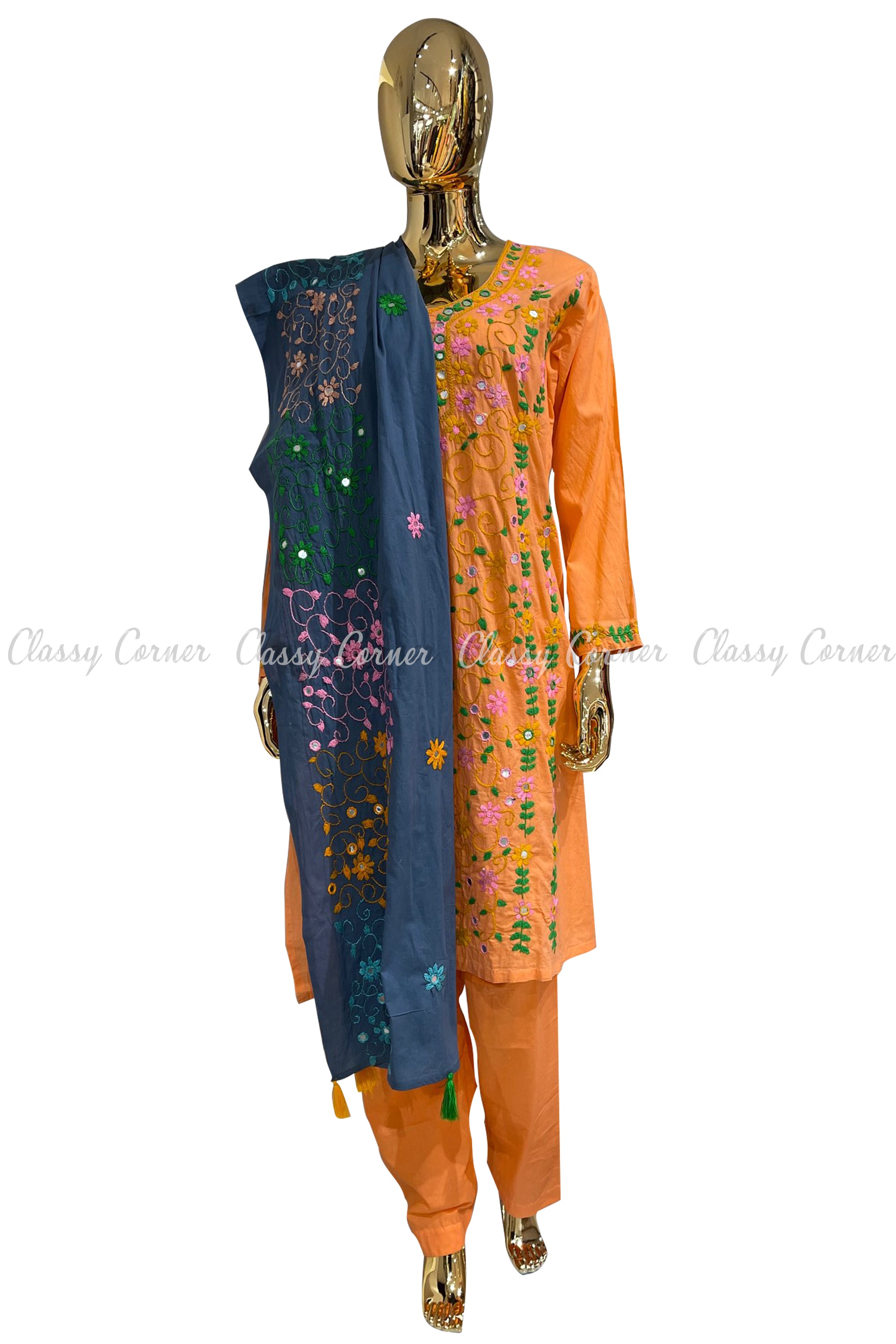 Peach Blue Hand Embroidered Cotton Salwar Kameez Suit - Classy Corner