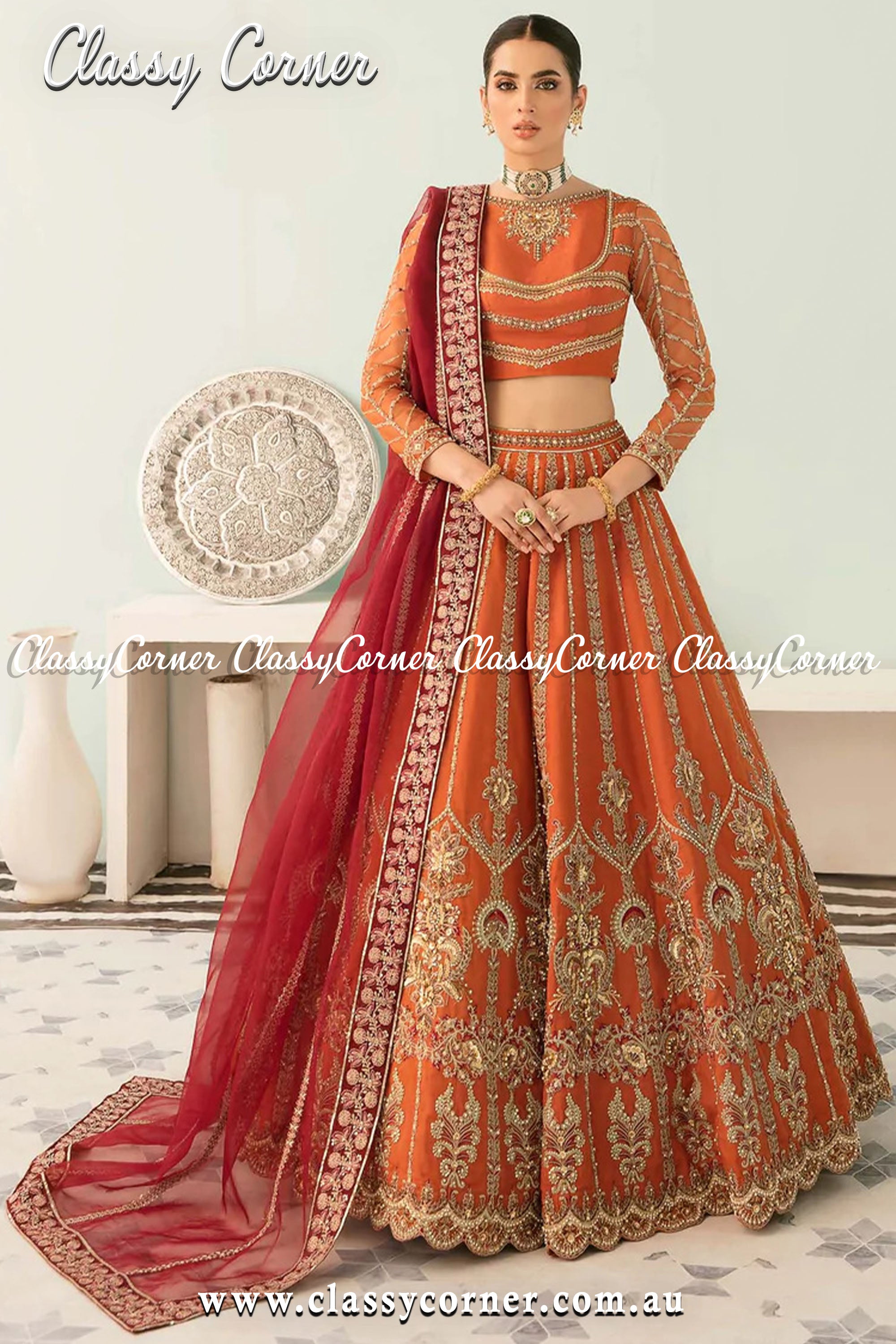Orange Red Formal Lahenga Outfit - Classy Corner