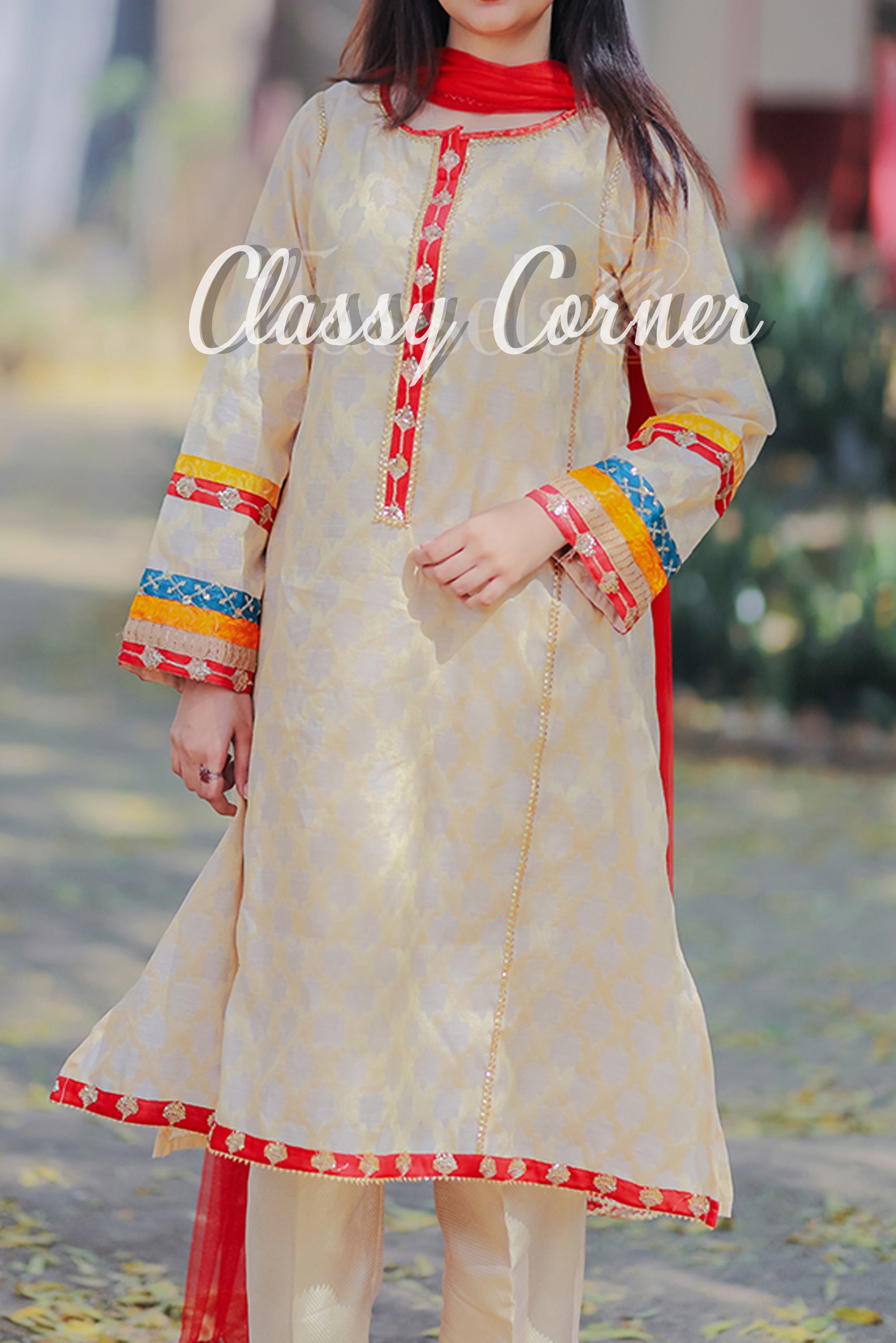Cream Beige Salwar Kameez Red Dupatta - Classy Corner