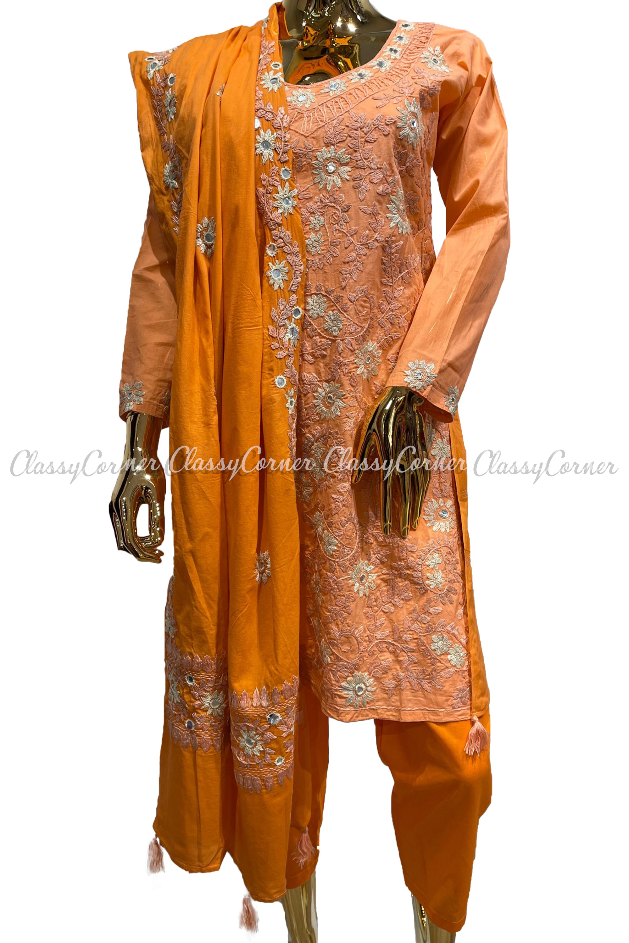 Peach Orange Hand Embroidered Cotton Salwar Kameez Suit - Classy Corner