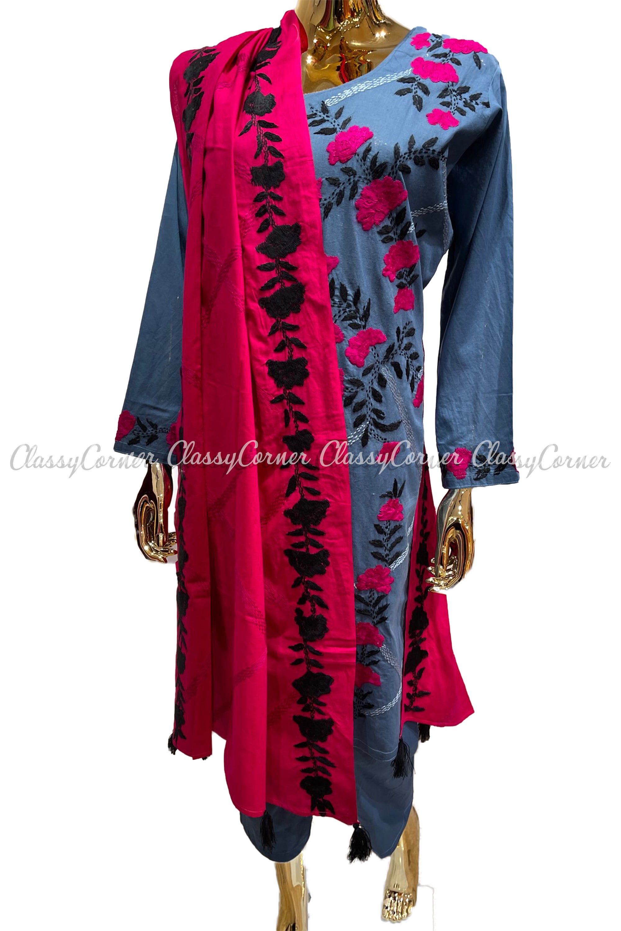 Blue Pink Magenta Hand Embroidered Cotton Salwar Kameez Suit - Classy Corner