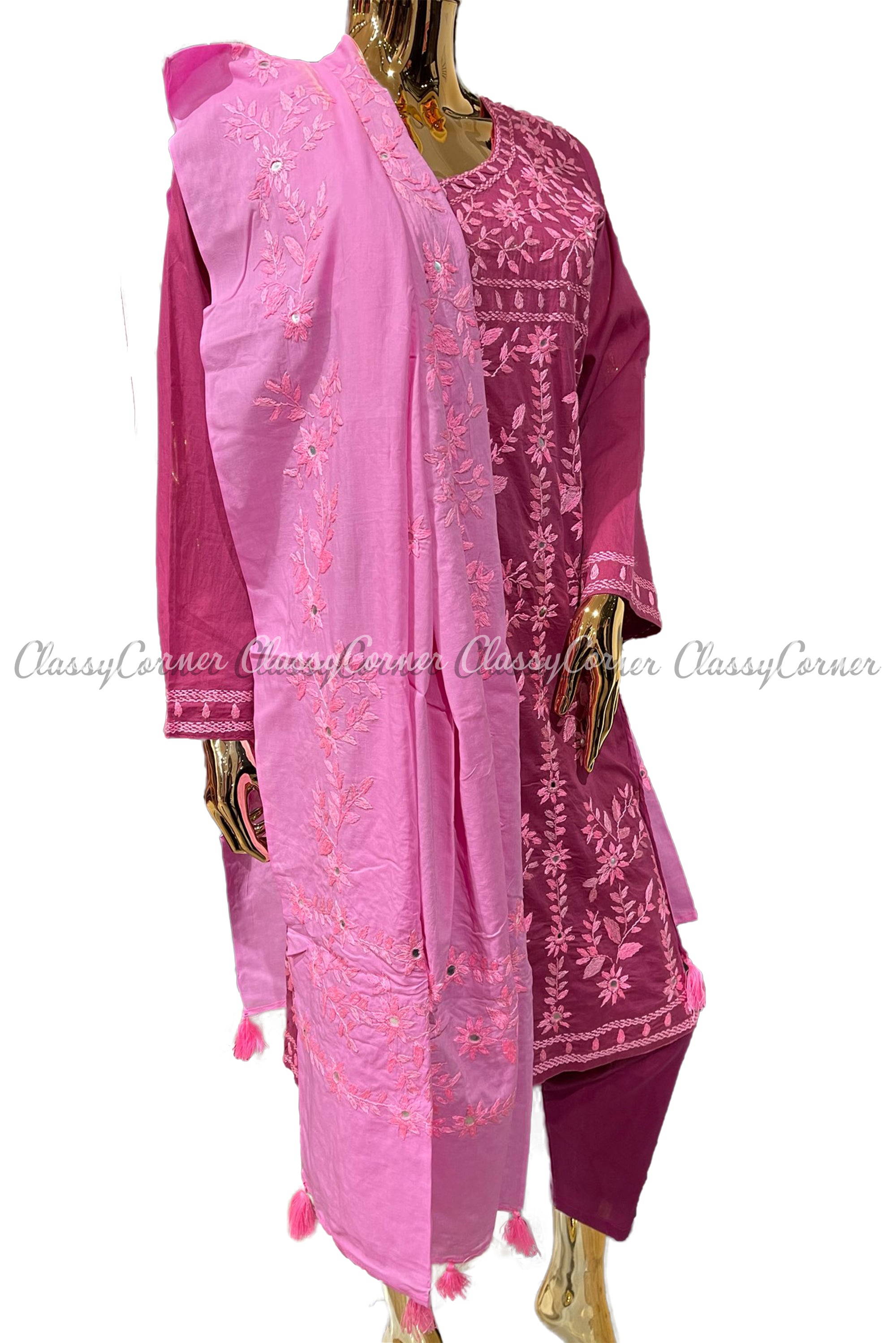 Pink Hand Embroidered Cotton Salwar Kameez Set - Classy Corner