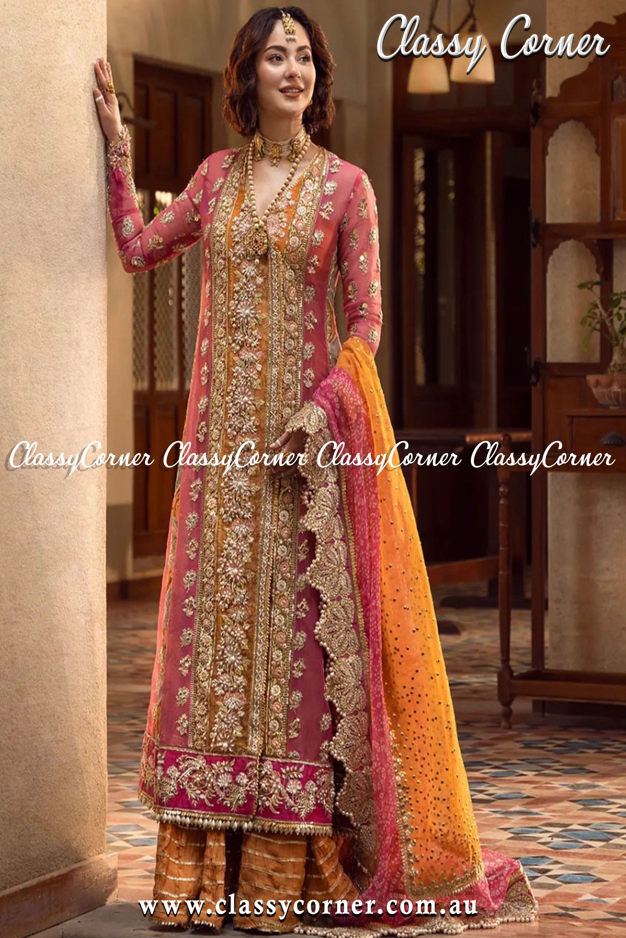 Pink Orange Pakistani Mehendi Outfit - Classy Corner