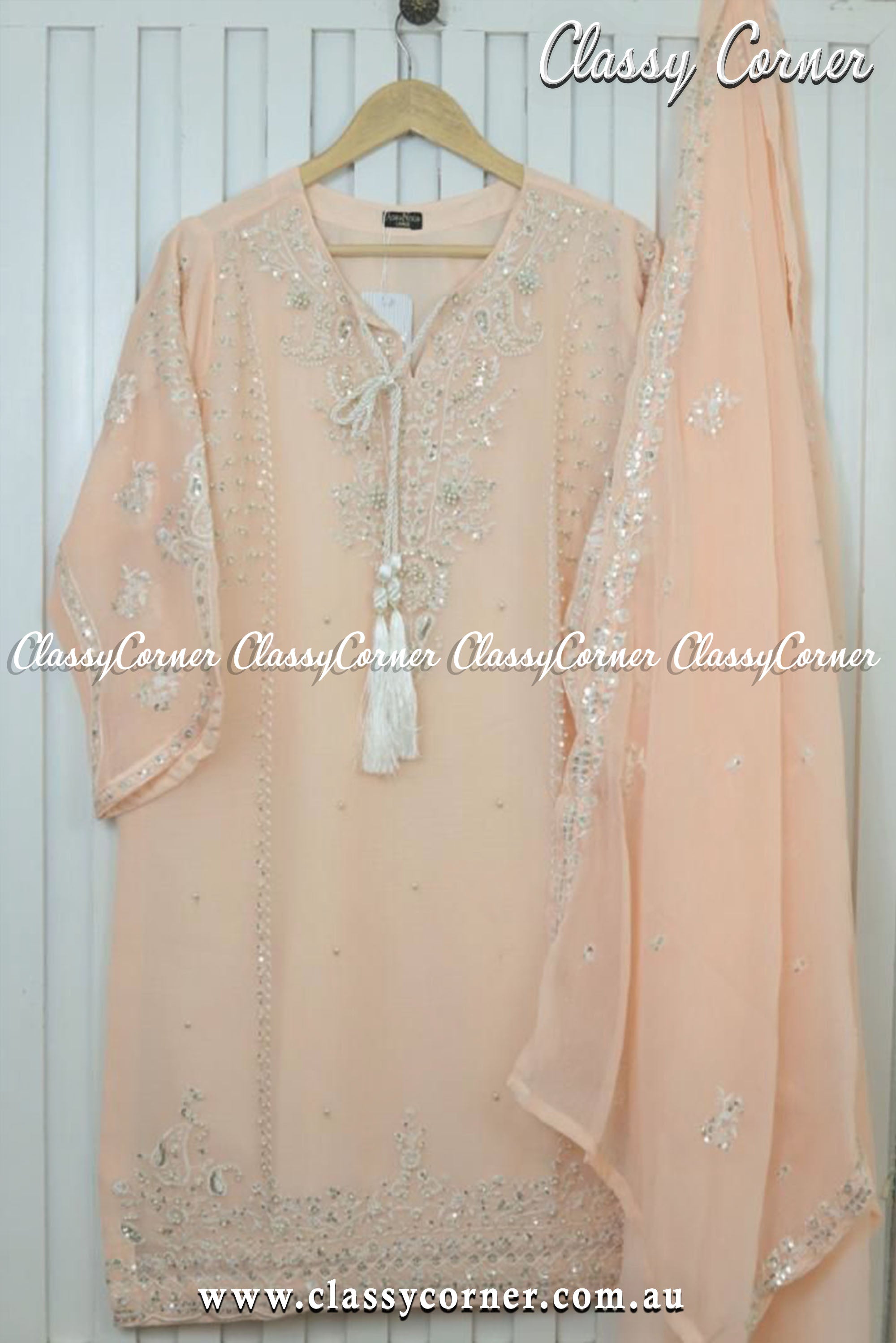 Powder Peach Chiffon Agha Noor 2pc Suit - Classy Corner