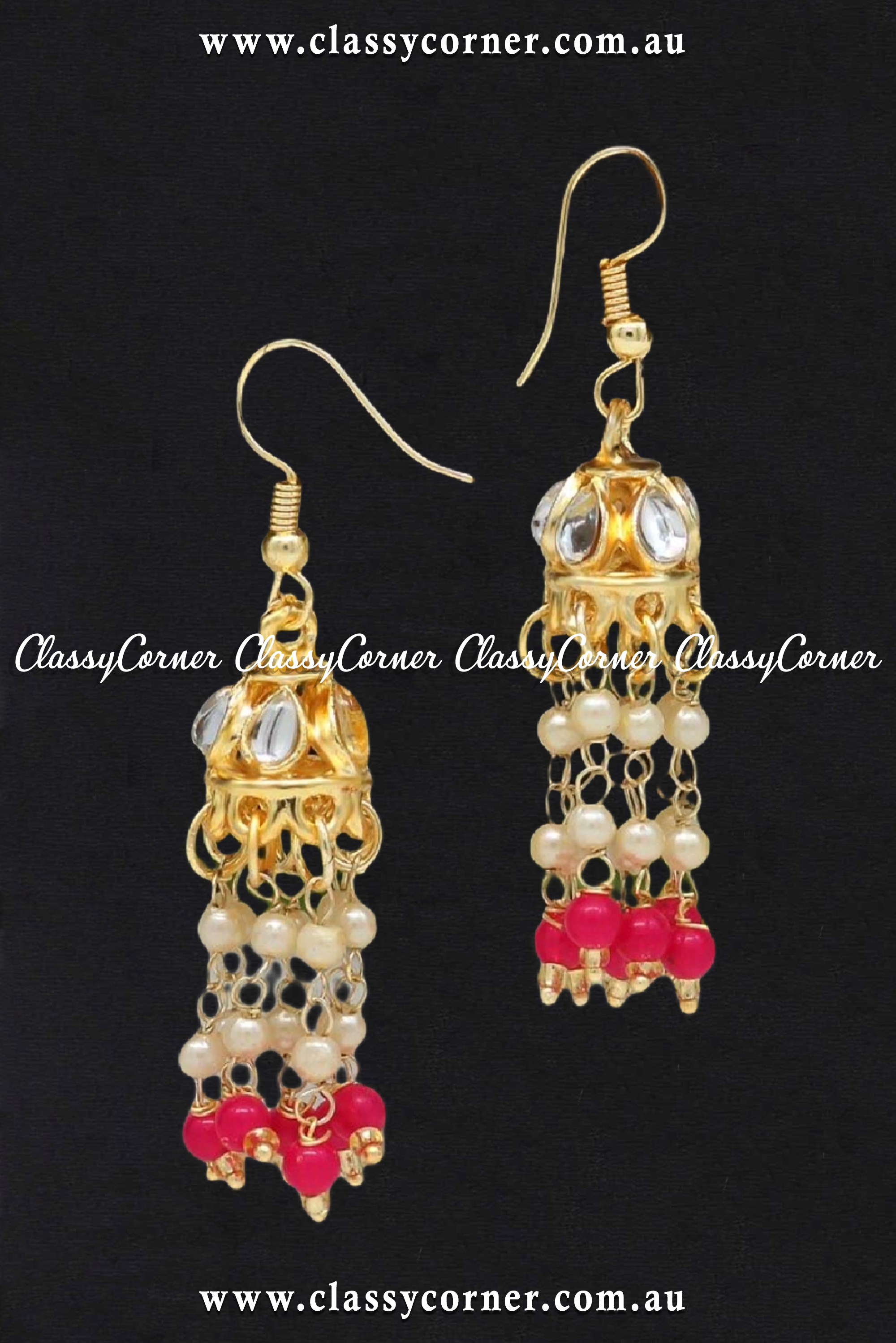 Rani White Beads Kundan Earrings - Classy Corner