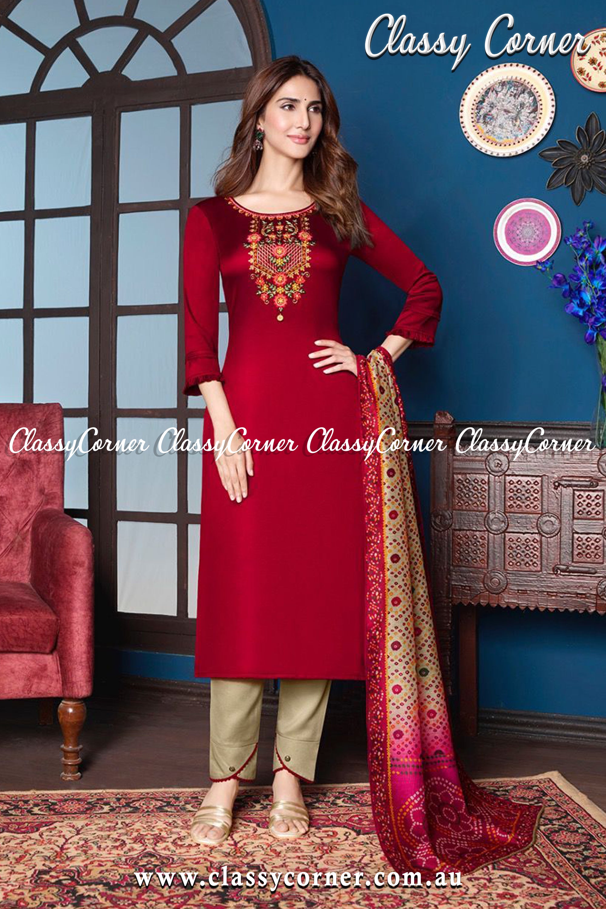 Red Beige Silk Indian Suit - Classy Corner