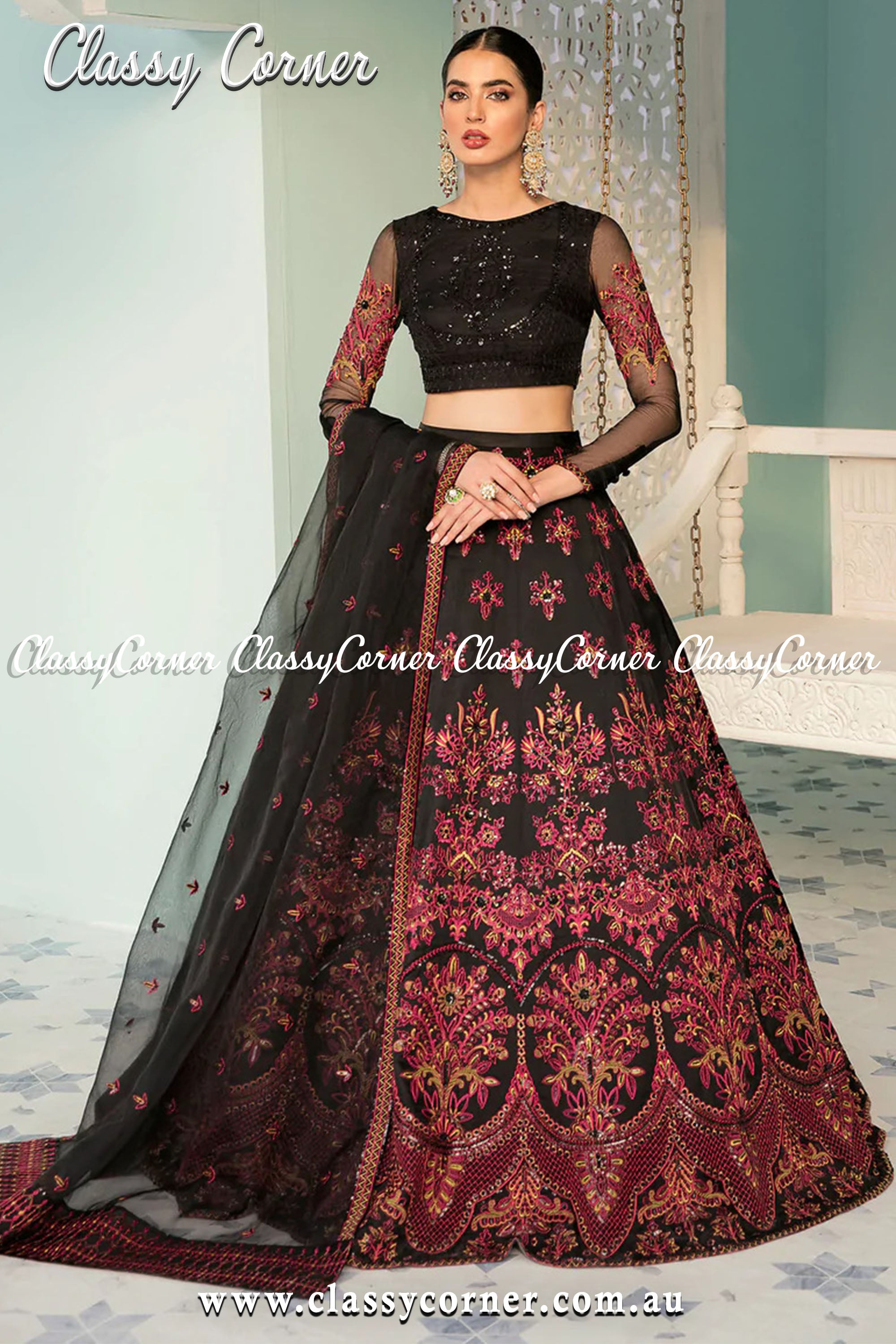 Red Black Pakistani Lehenga Outfit - Classy Corner