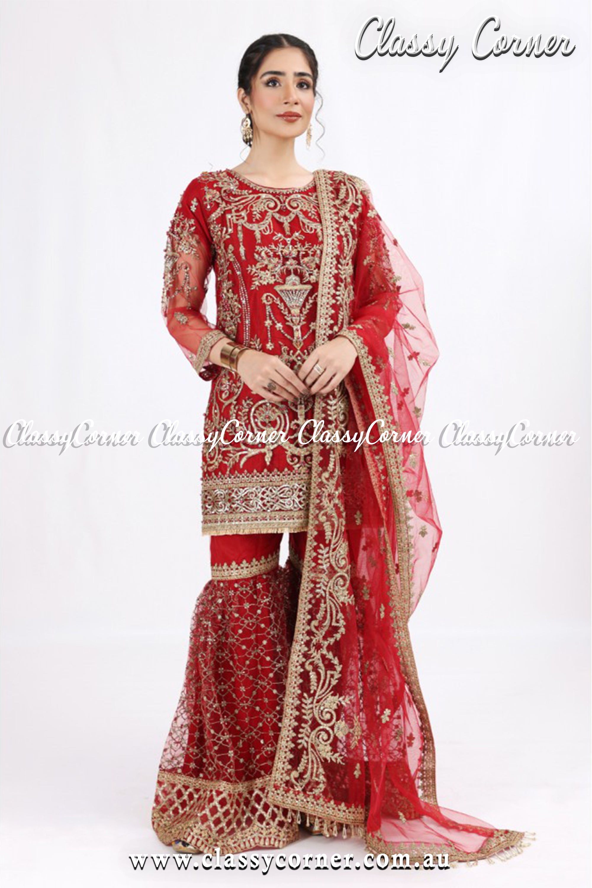 Red Gold Net Gharara Outfit - Classy Corner