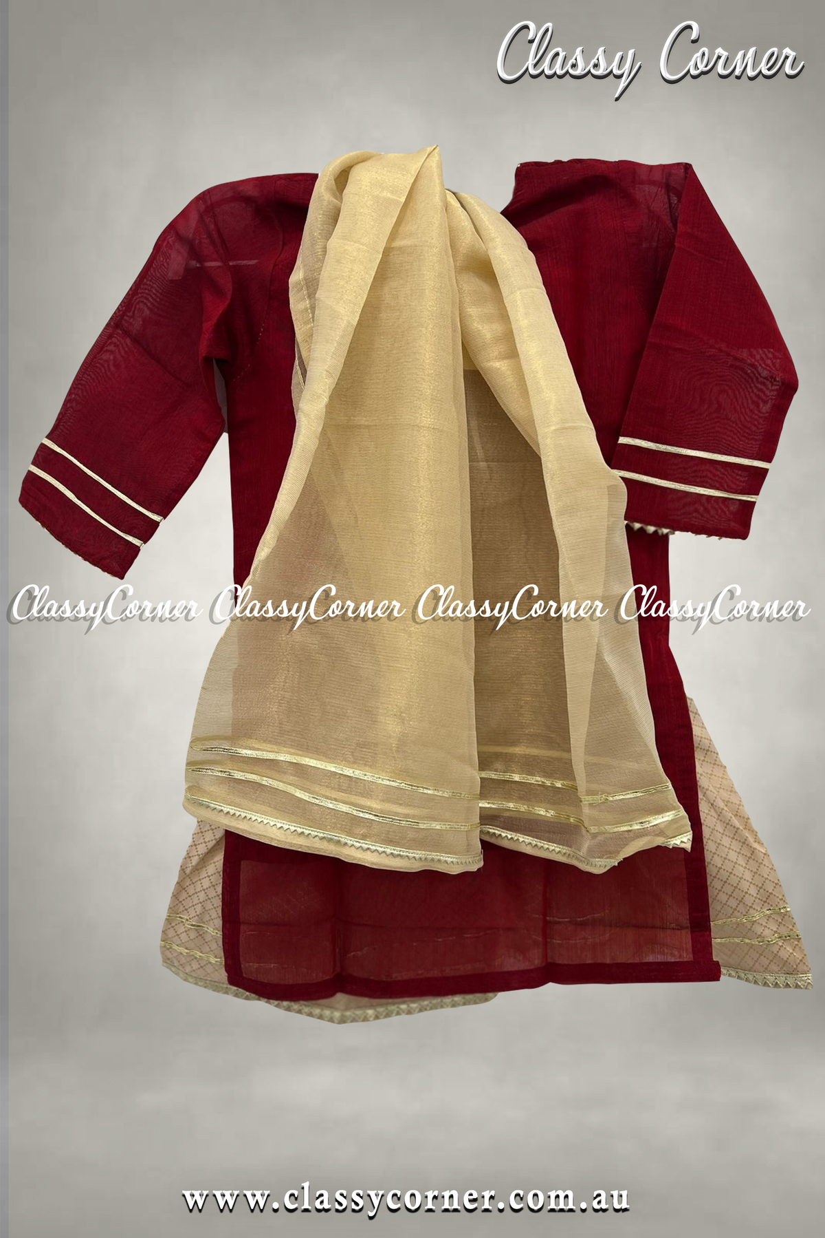 Red Gold Mirror Work Girls Pakistani Outfit - Classy Corner