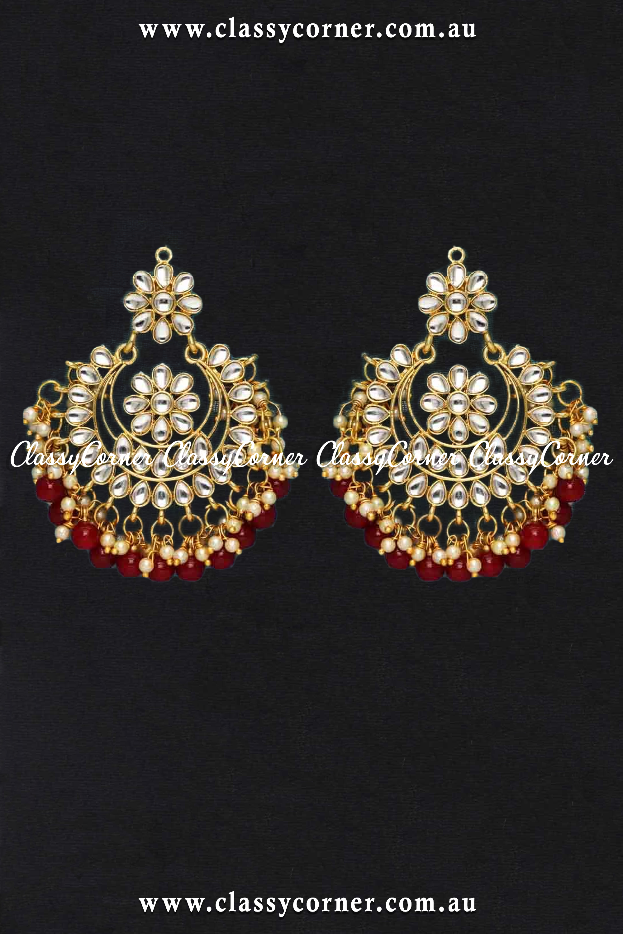 Red Imitation Pearl Kundan Earrings - Classy Corner