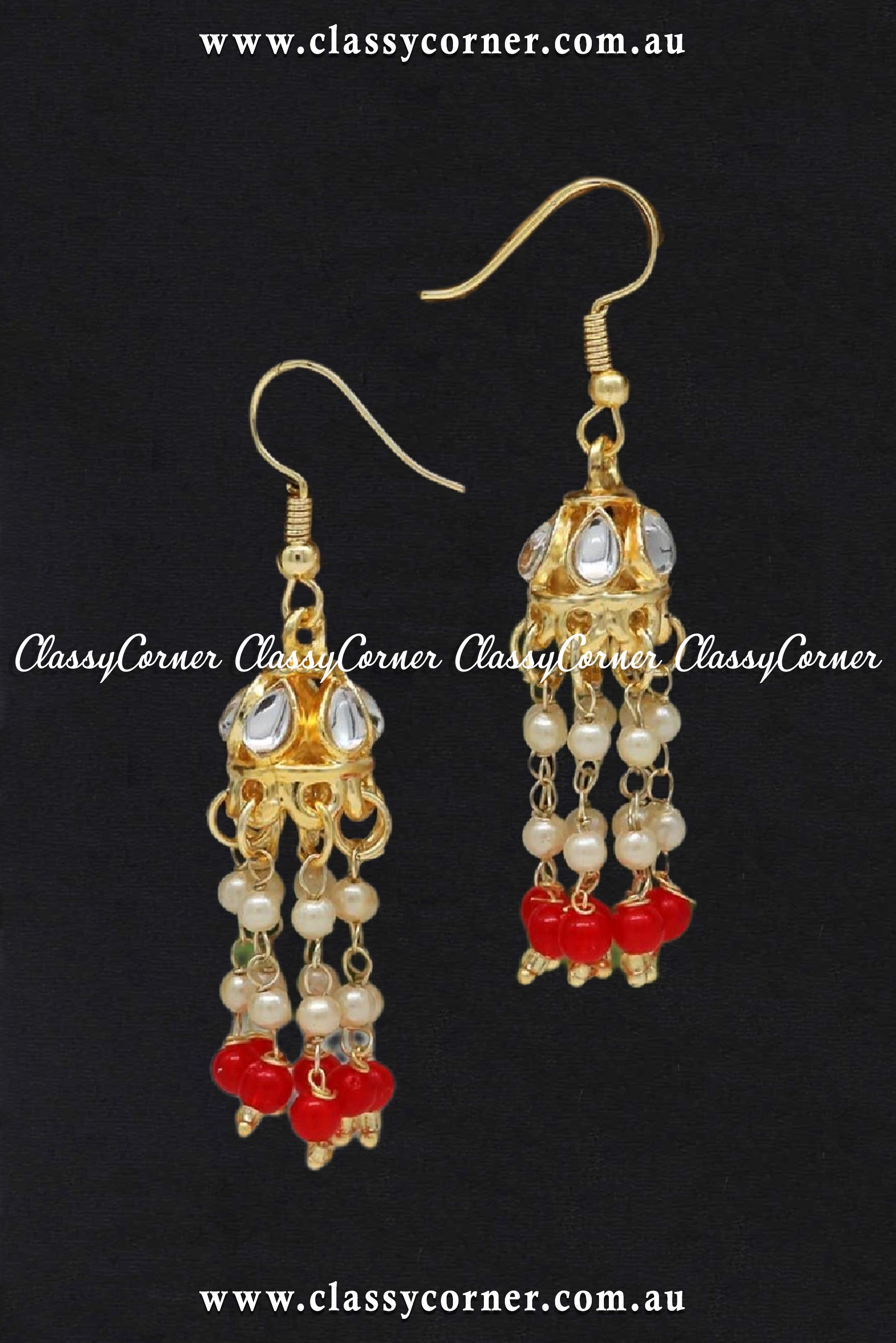 Red White Beads Kundan Earrings - Classy Corner