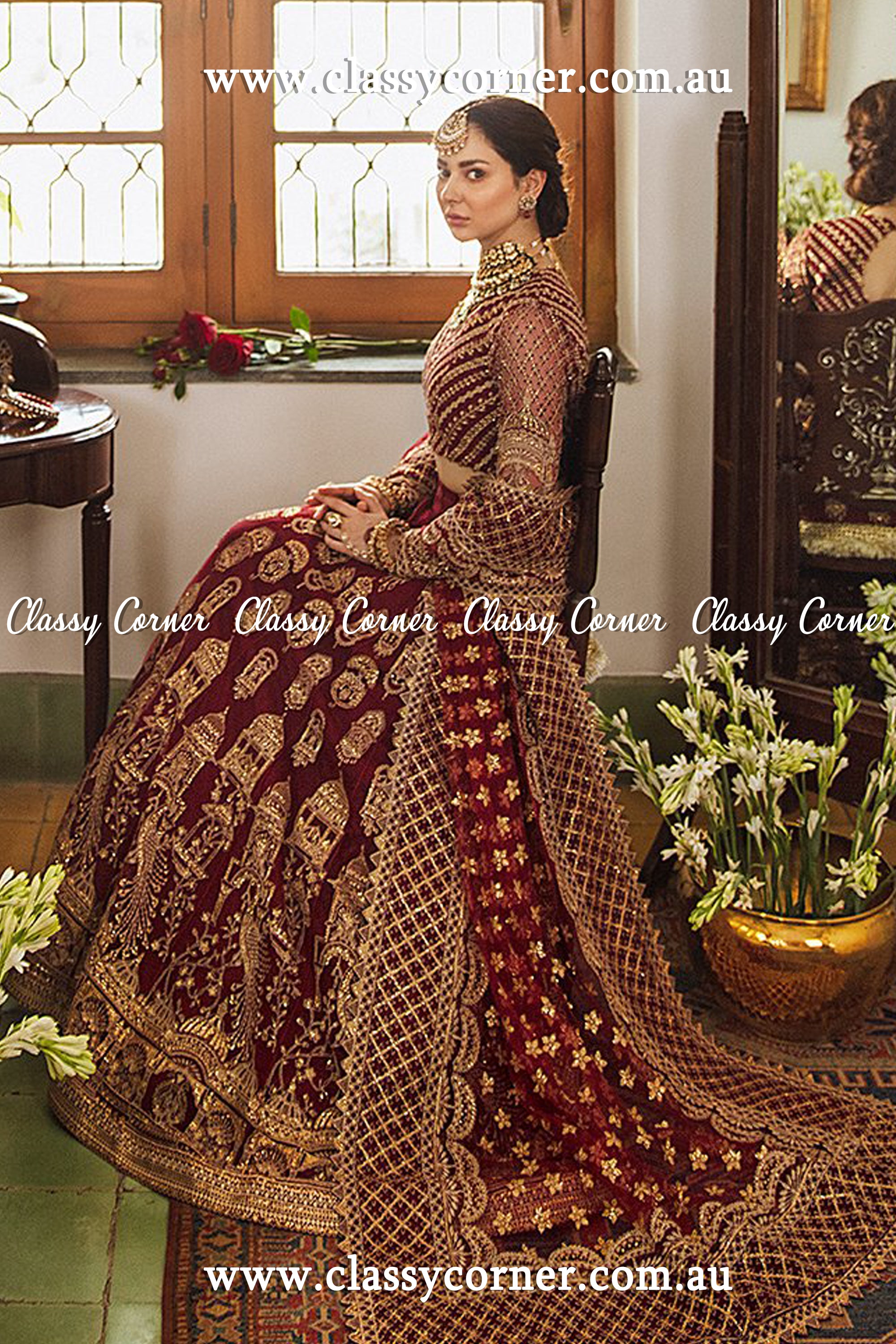 Red Wine Net Bridal Lehenga - Classy Corner