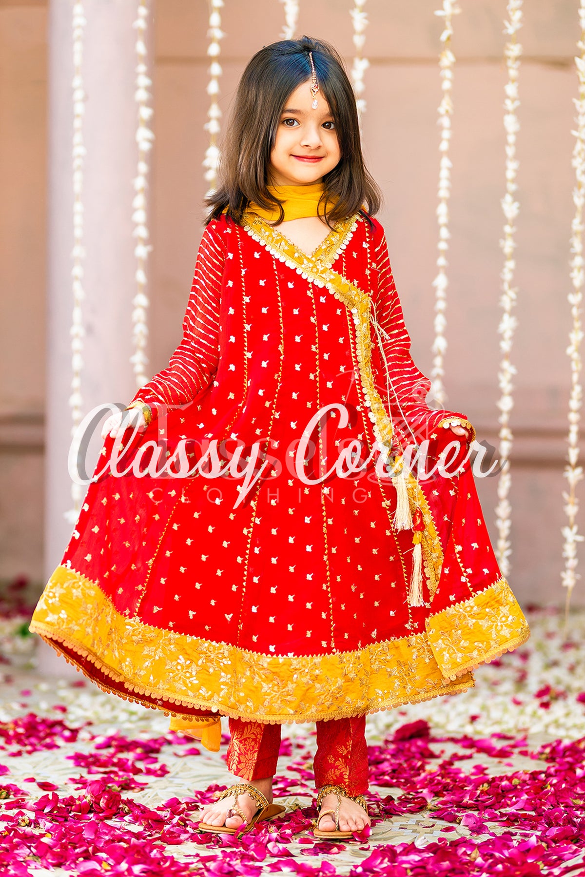 Red Marigold Anghrakha Chiffon Girls 3pc Suit - Classy Corner