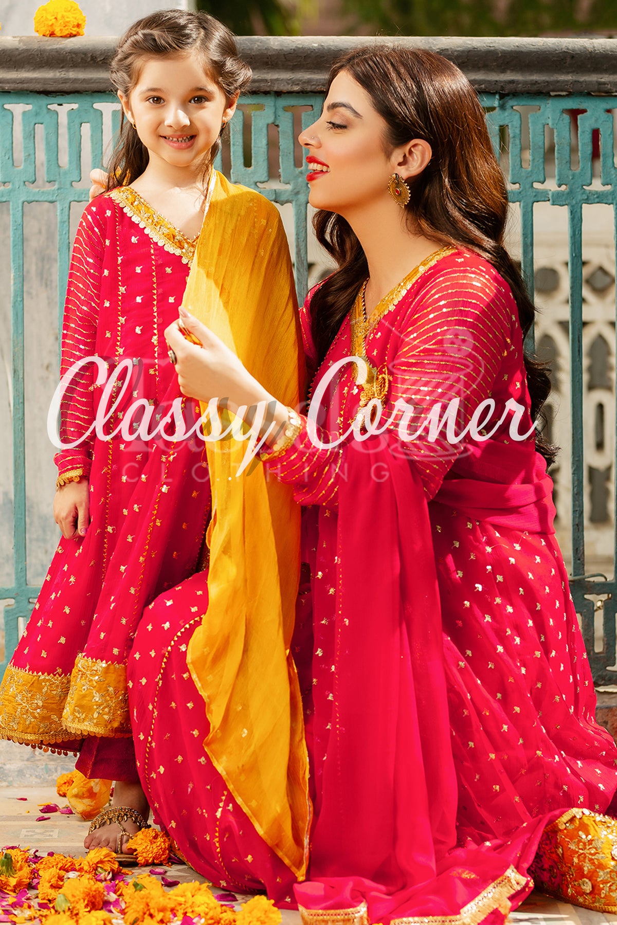 Red Marigold Anghrakha Chiffon Girls 3pc Suit - Classy Corner
