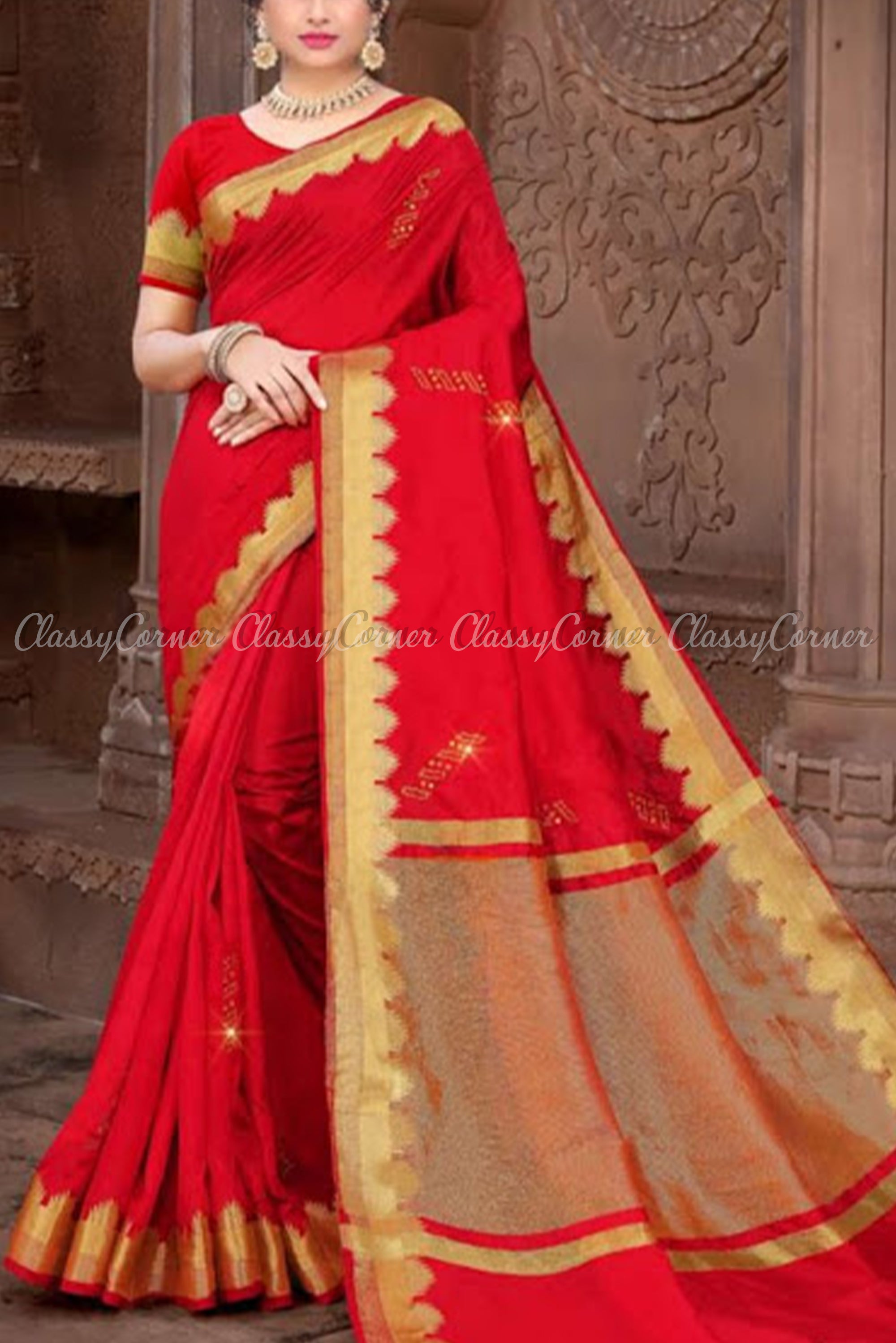 Royal Red with Gold Border Vichitra Silk Saree - Classy Corner