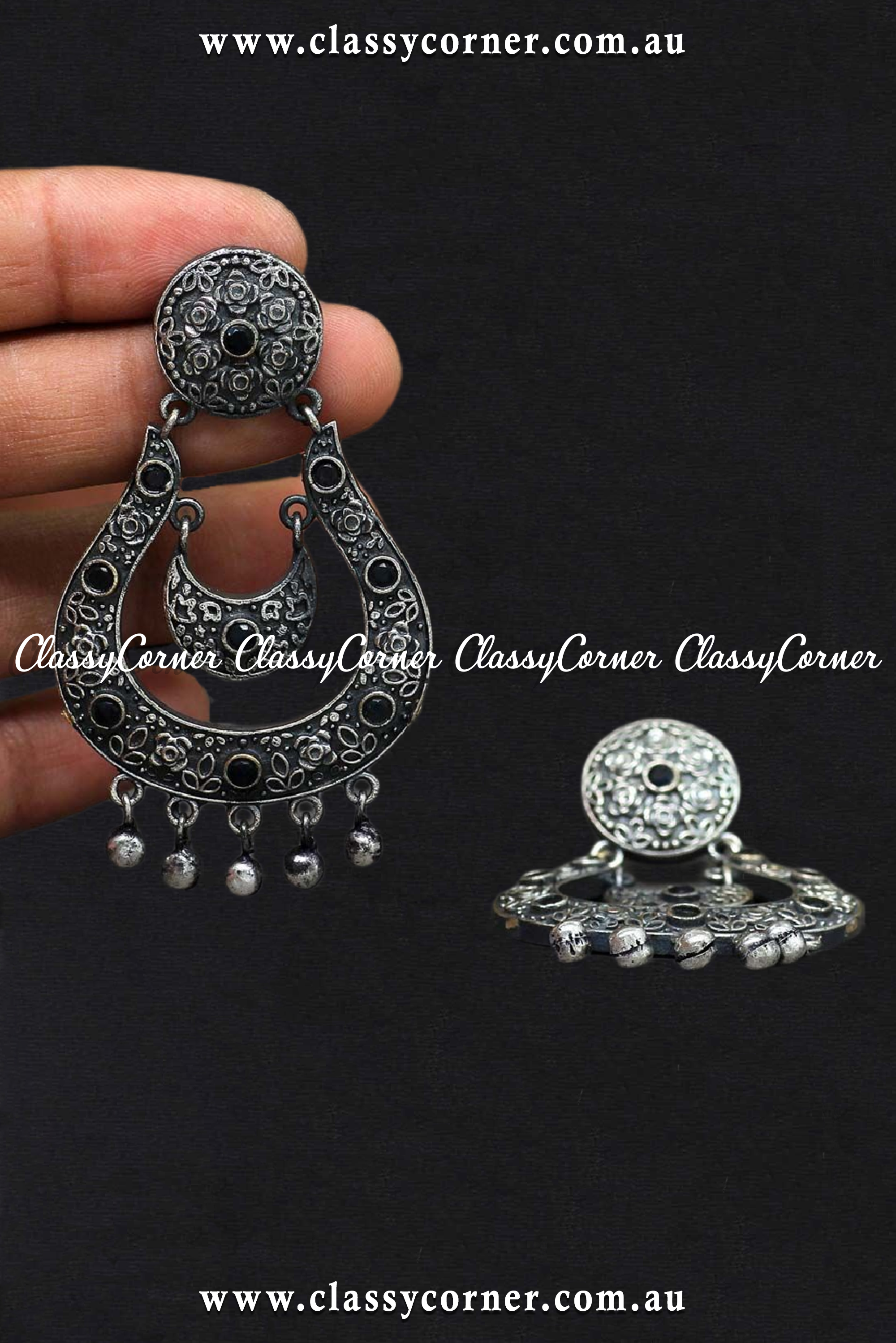 Silver Black Glasss Stone Oxidised Earrings - Classy Corner