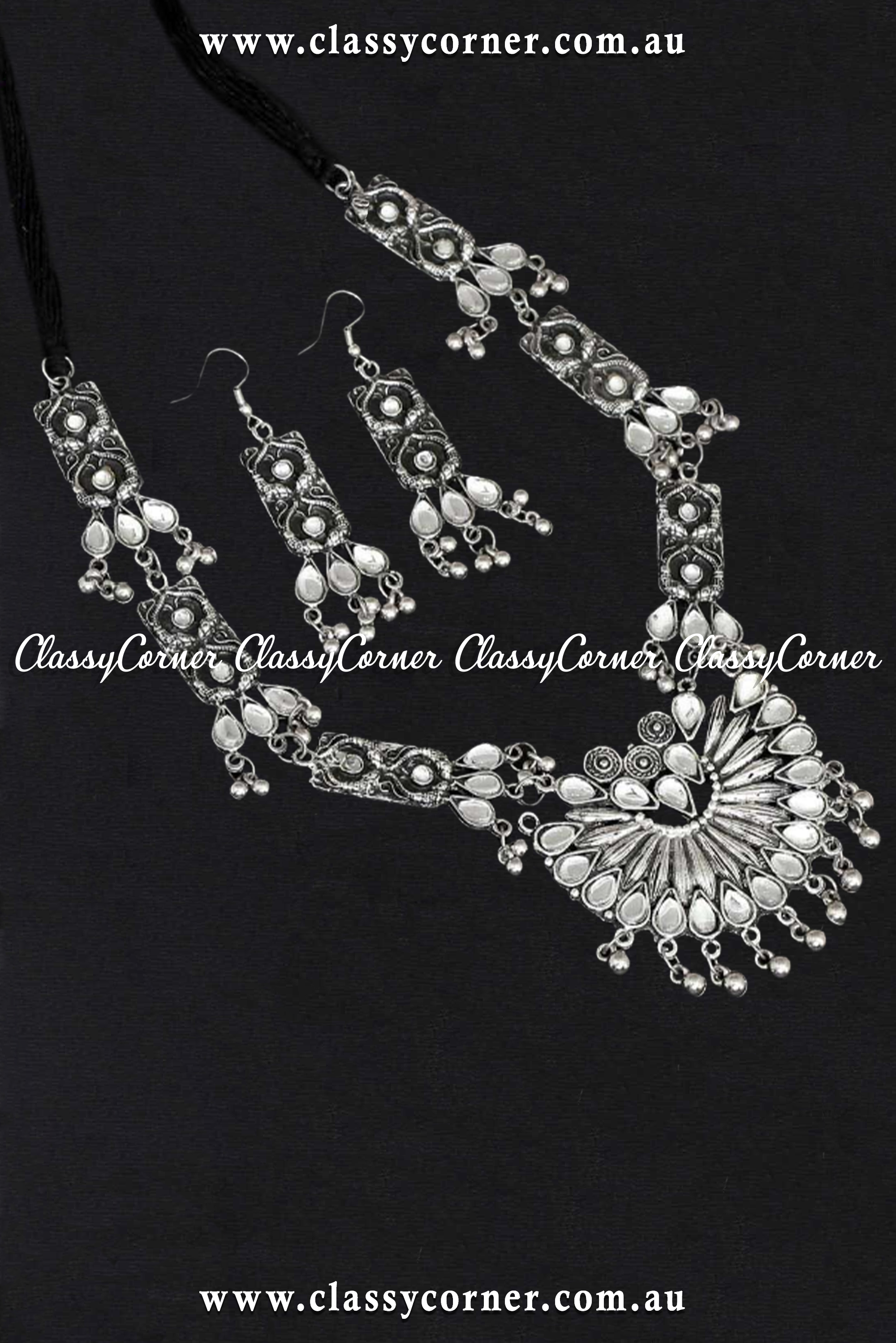 Silver Glass Stone Oxidised Necklace Earrings Set - Classy Corner