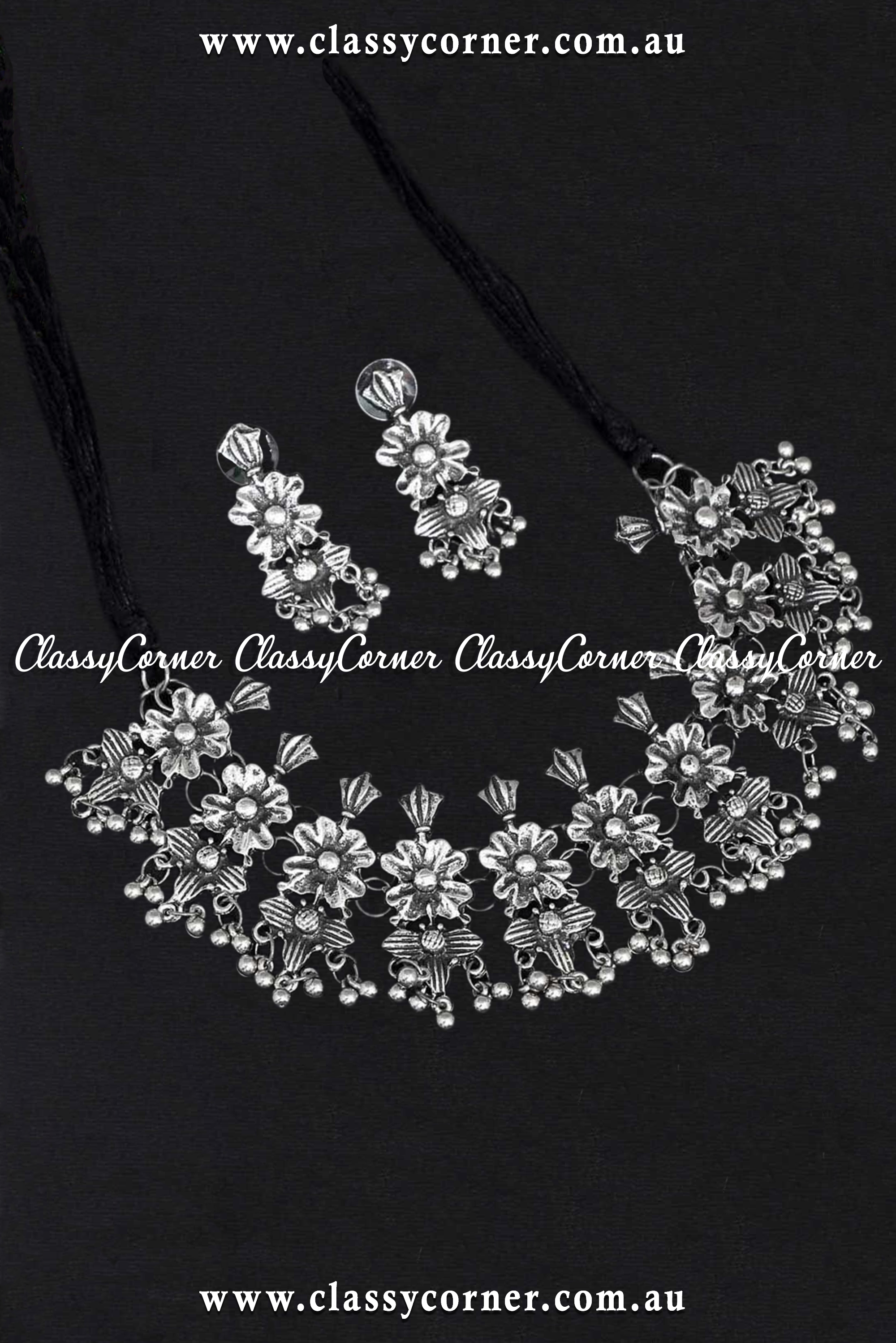 Silver Oxidised Floral Necklace Earrings Set - Classy Corner