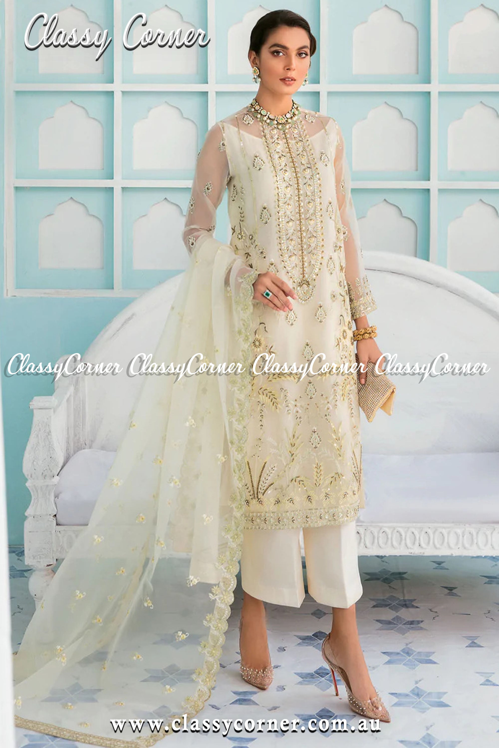 Cream White Pakistani Salwar Kameez - Classy Corner