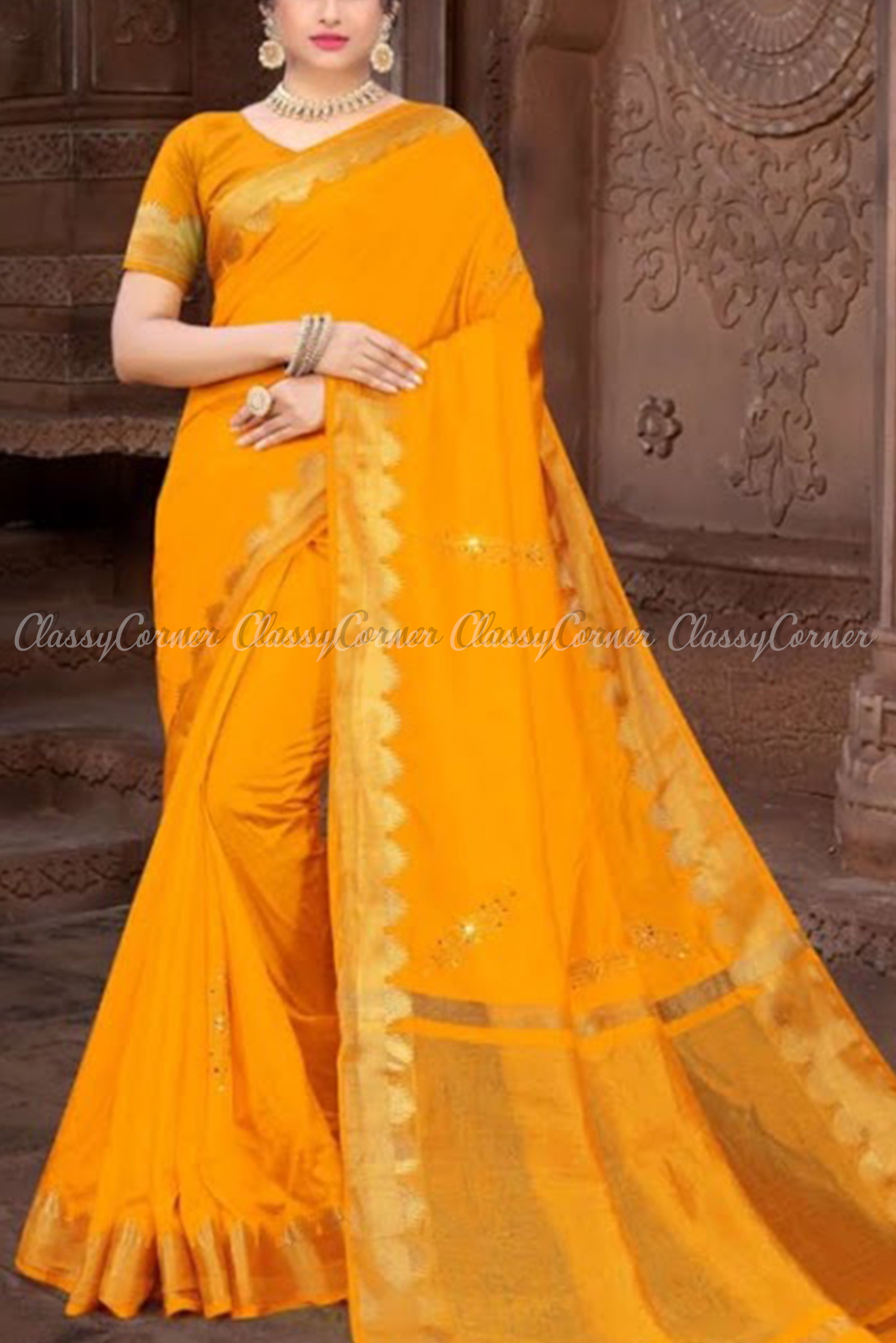 Vibrant Yellow Orange with Gold Border Vichitra Silk Saree - Classy Corner