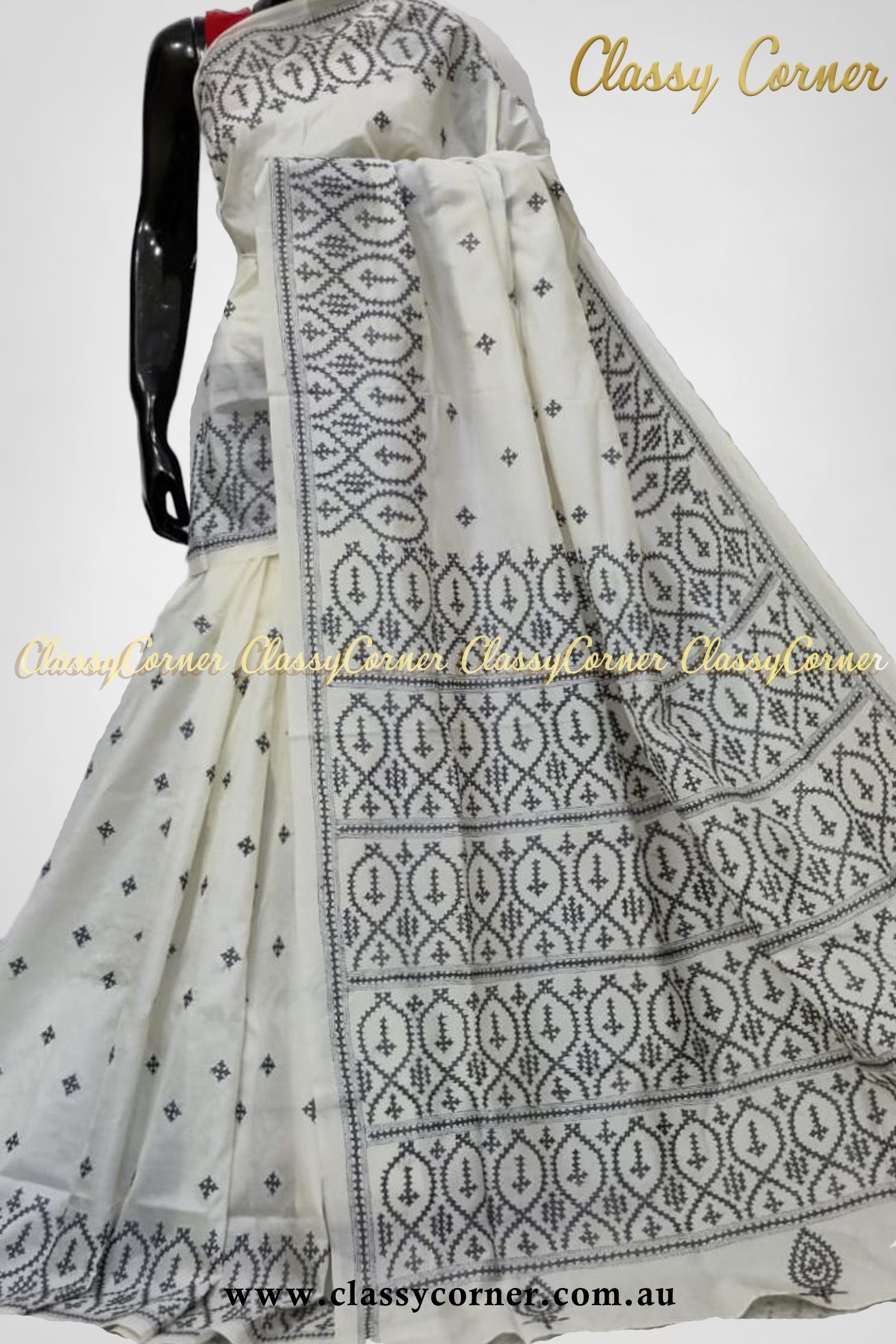 White Black Pure Silk Kantha Stitch Saree - Classy Corner