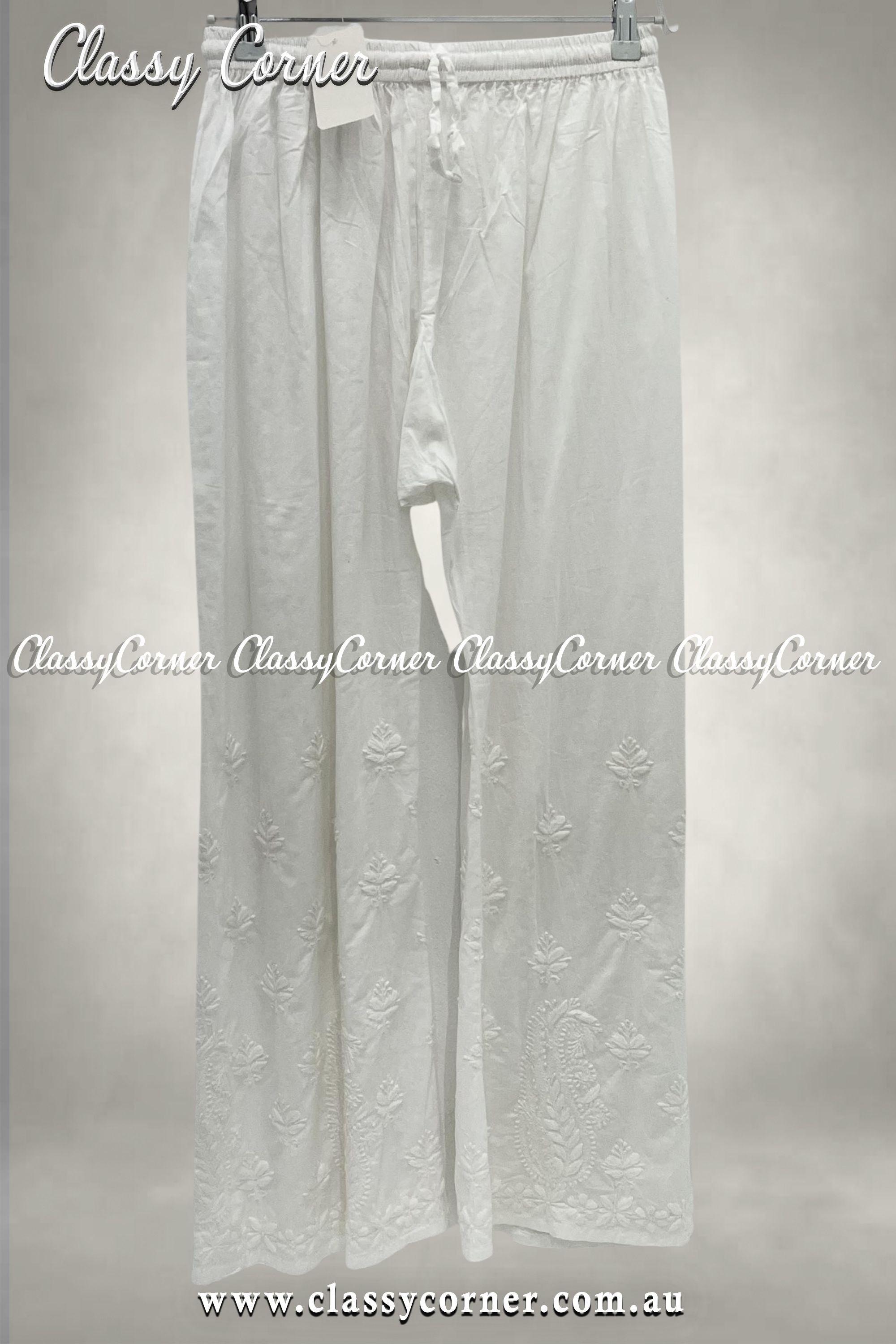 White Embroidered Border Design Trouser - Classy Corner