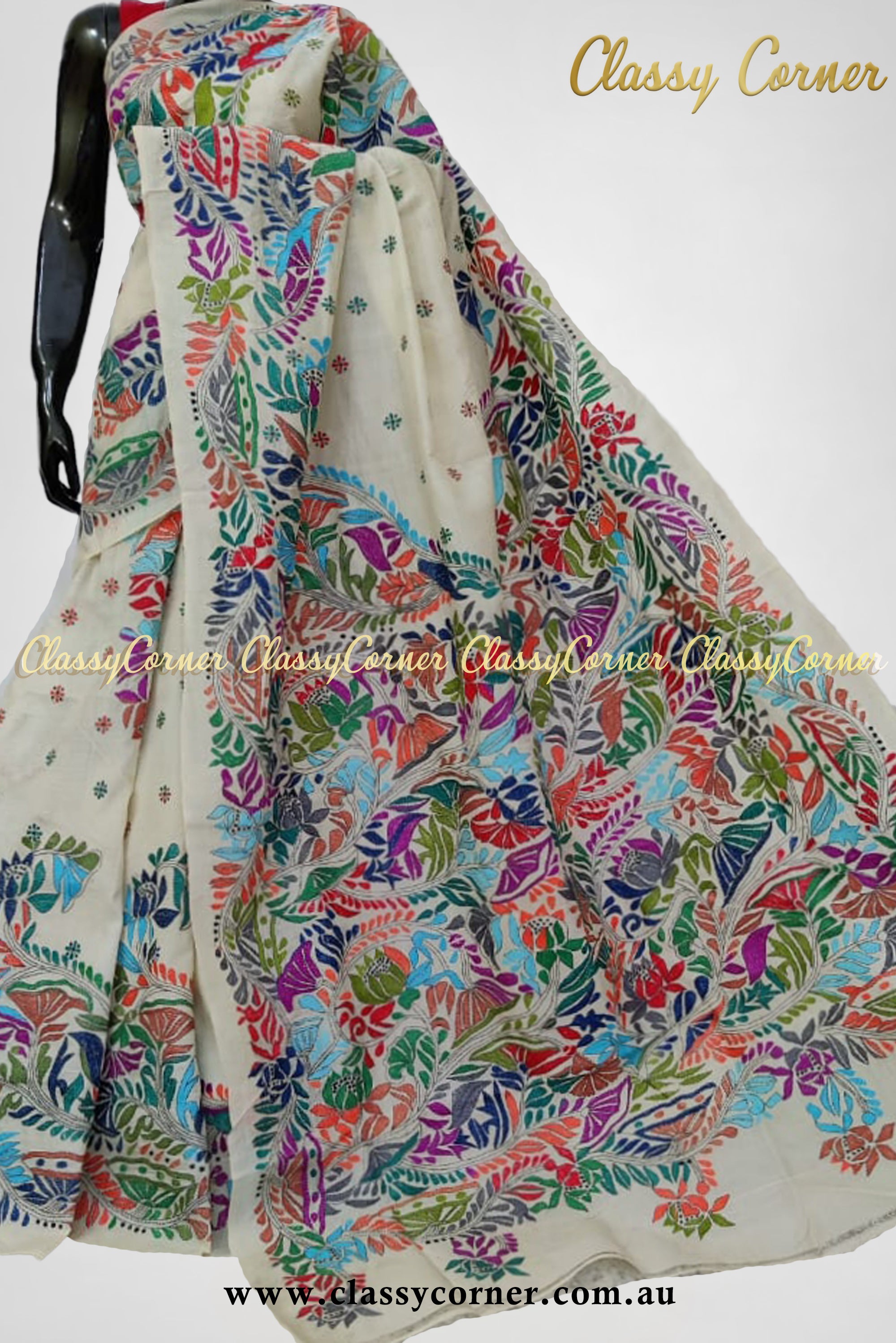 White Multicolour Pure Silk Kantha Stitch Saree - Classy Corner
