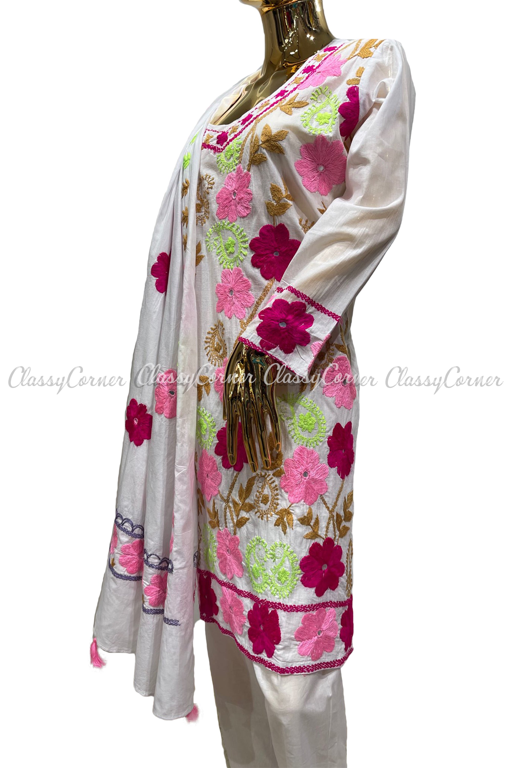 White Pink Hand Embroidered Cotton Salwar Kameez Set - Classy Corner
