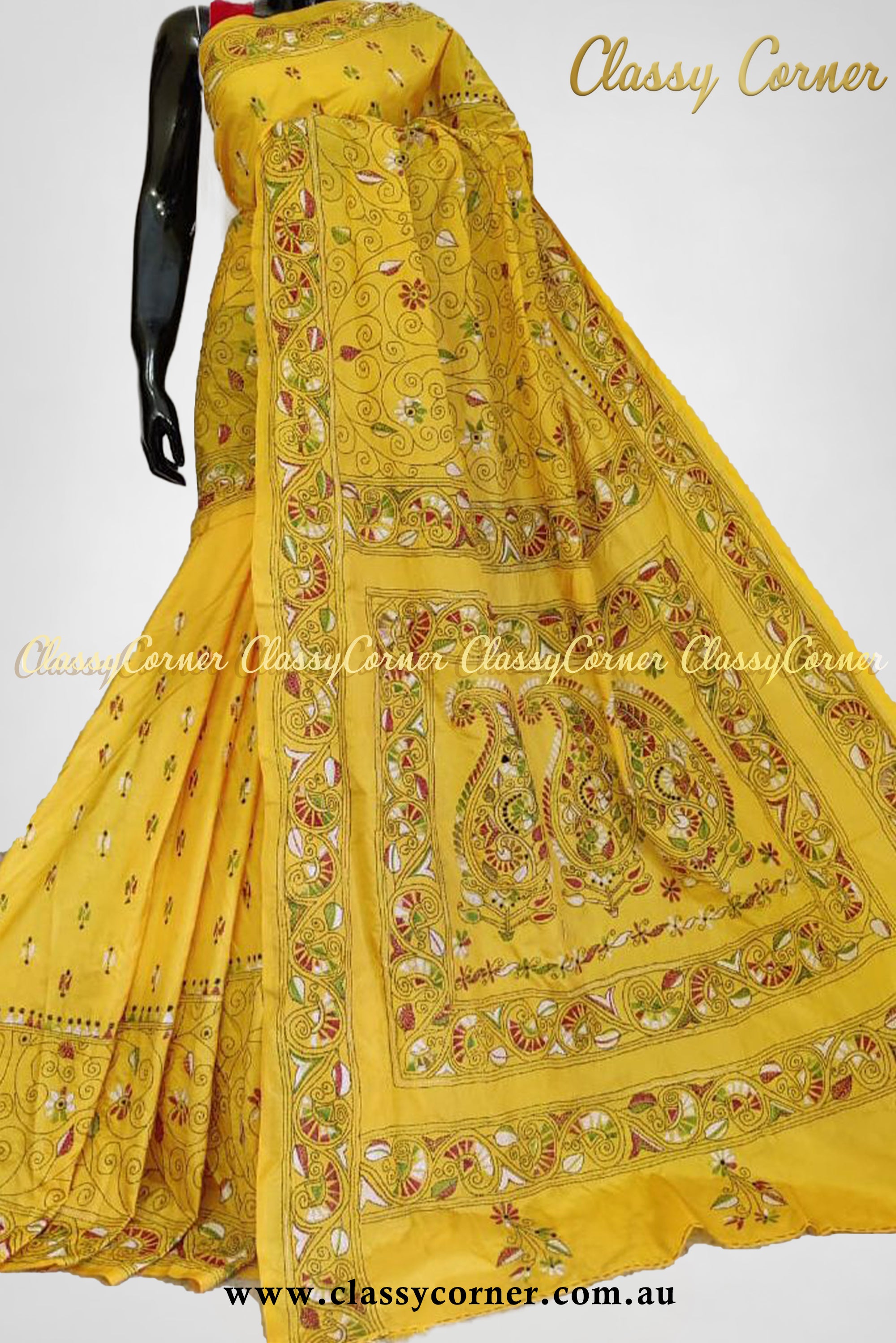 Yellow Pure Silk Kantha Stitch Saree - Classy Corner
