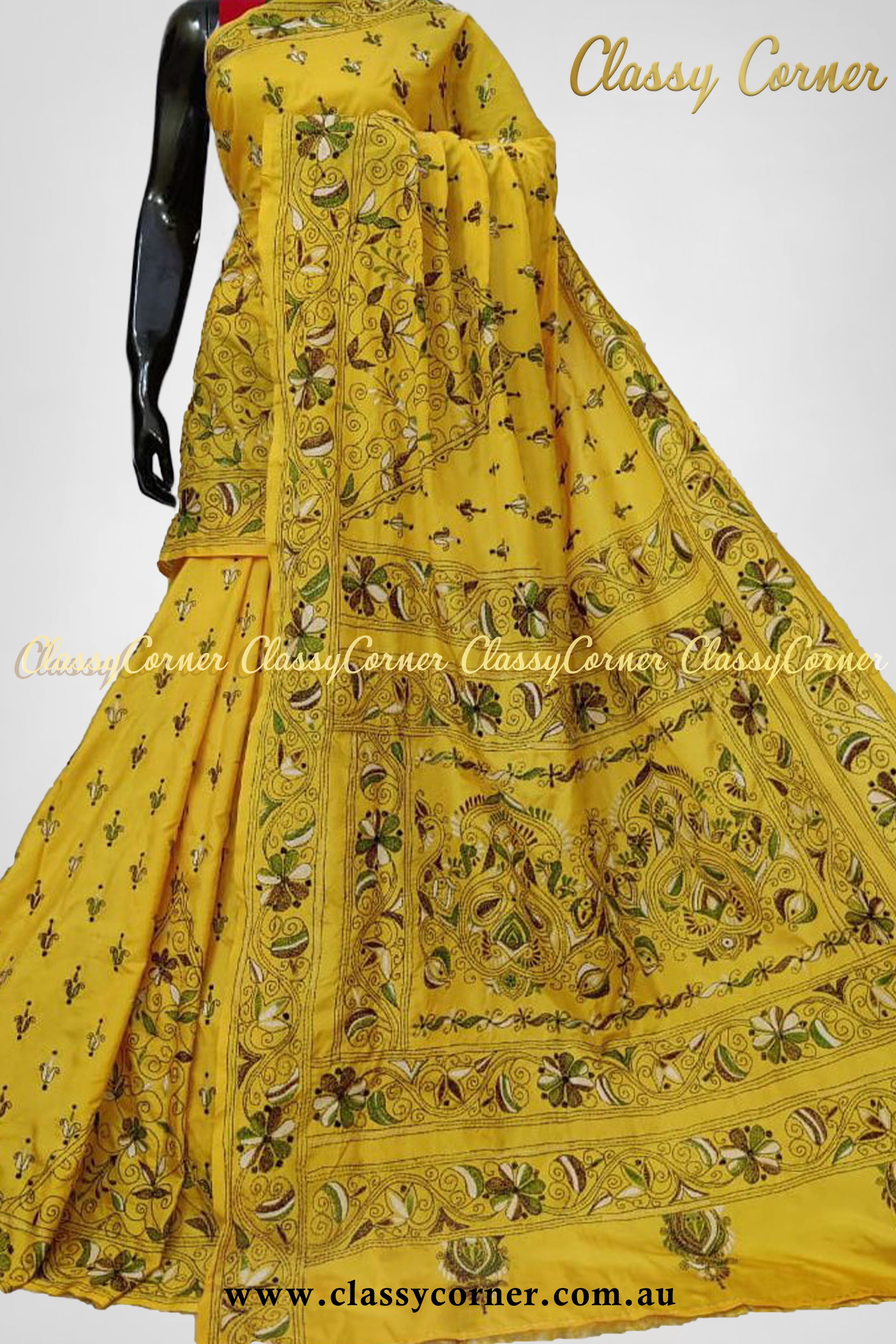 Yellow Multicolour Pure Silk Kantha Stitch Saree - Classy Corner