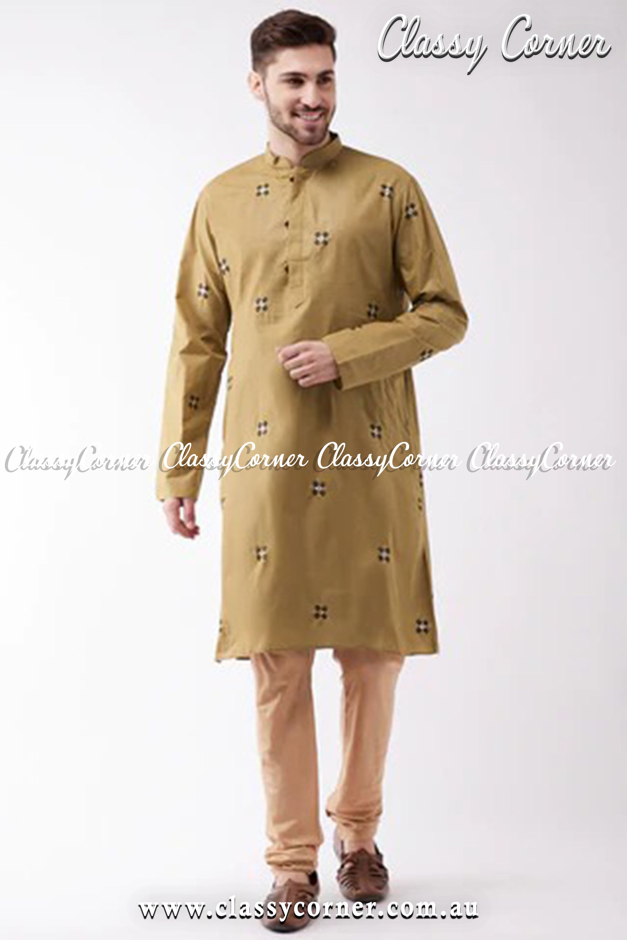 Men's Chiku And Rose Gold Cotton Blend Kurta And Pyjama Set - Classy Corner