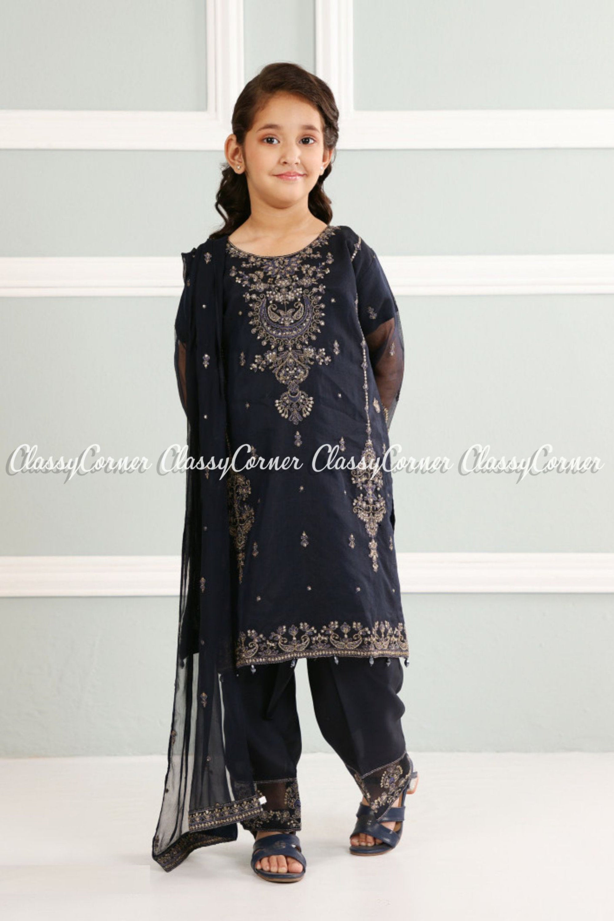 Blue Organza Net Embroidered Girl's Salwar Kameez - Classy Corner