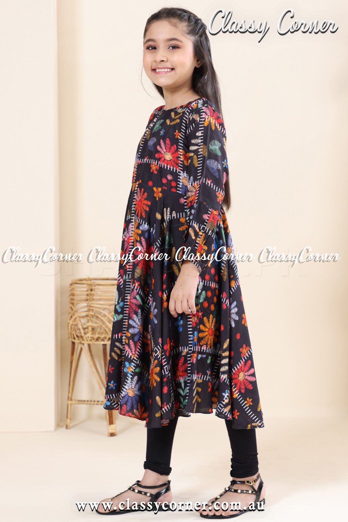 Black Multicolour Floral Print Girls Dress - Classy Corner