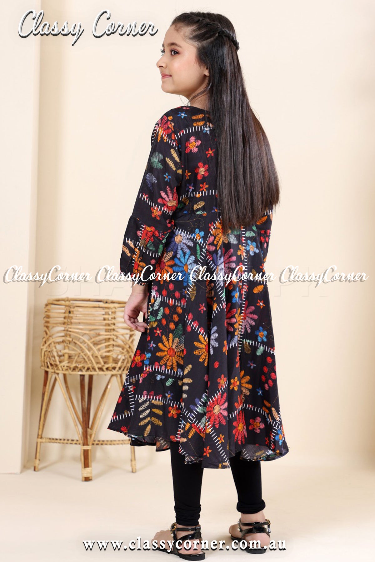 Black Multicolour Floral Print Girls Dress - Classy Corner