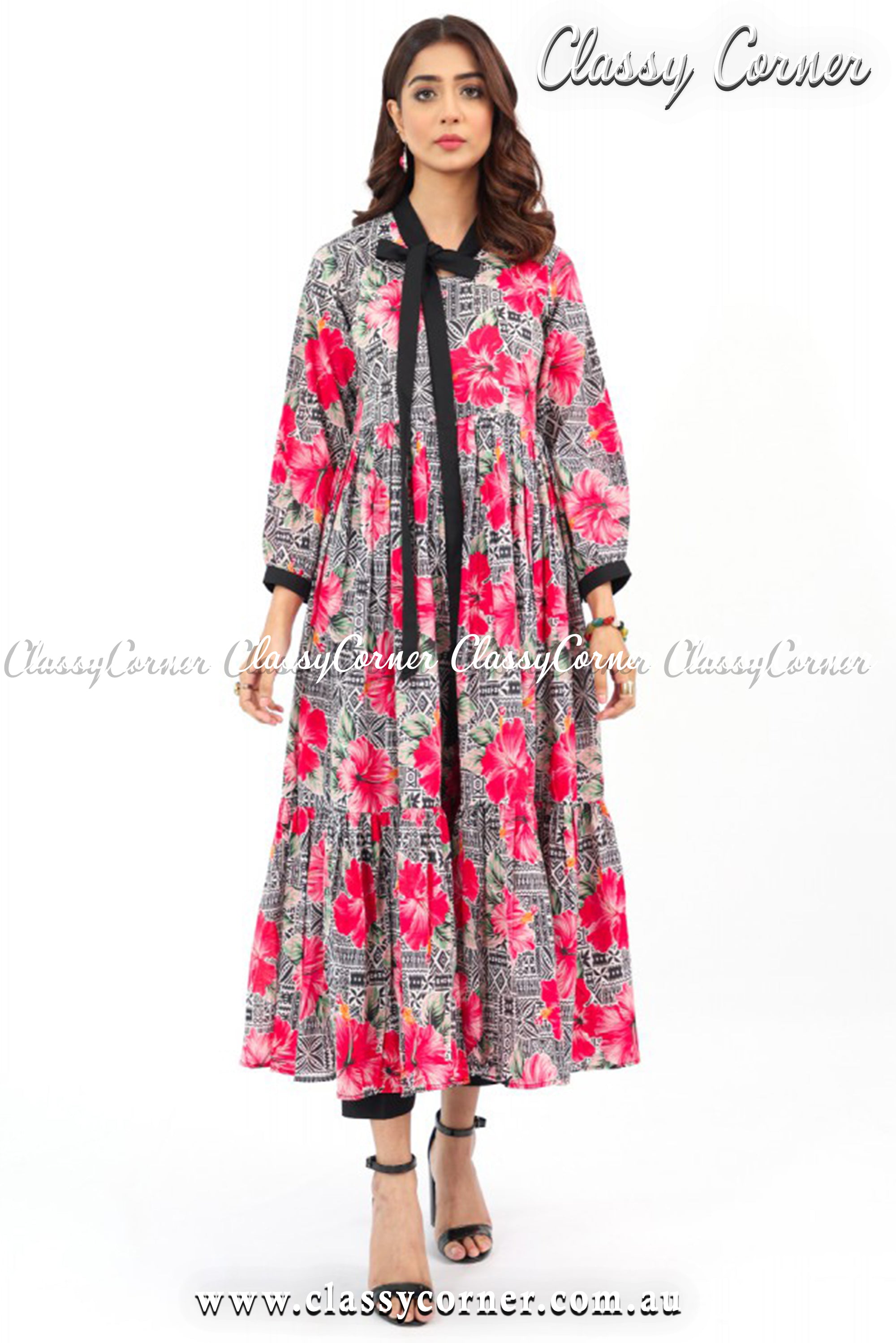 Black Pink Lawn Printed Maxi Outfit - Classy Corner