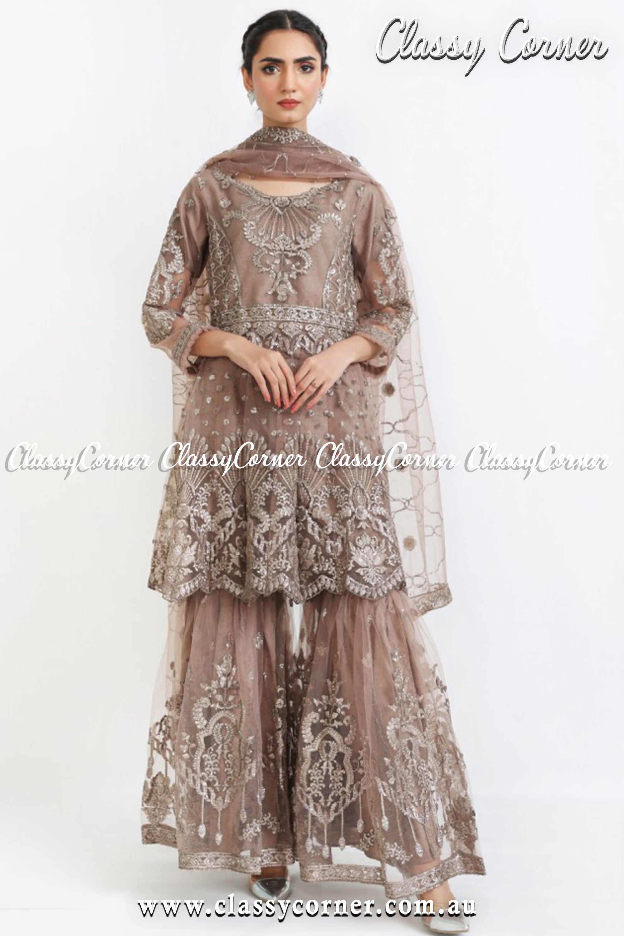 Brown Pakistani Gharara Outfit - Classy Corner